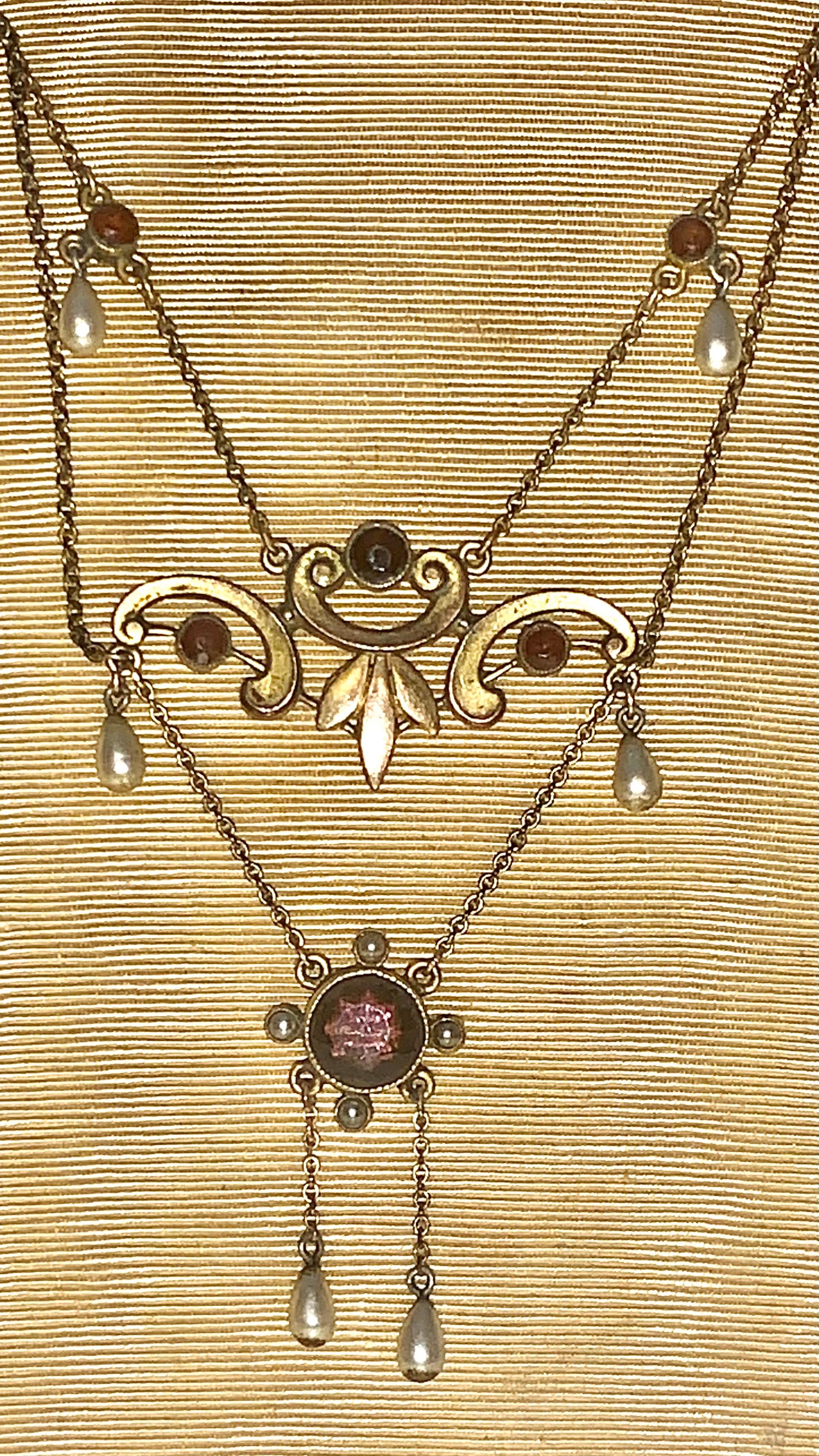Antike viktorianische Granat-Perlenkette 9ct Gold Lavaliere (Viktorianisch) im Angebot