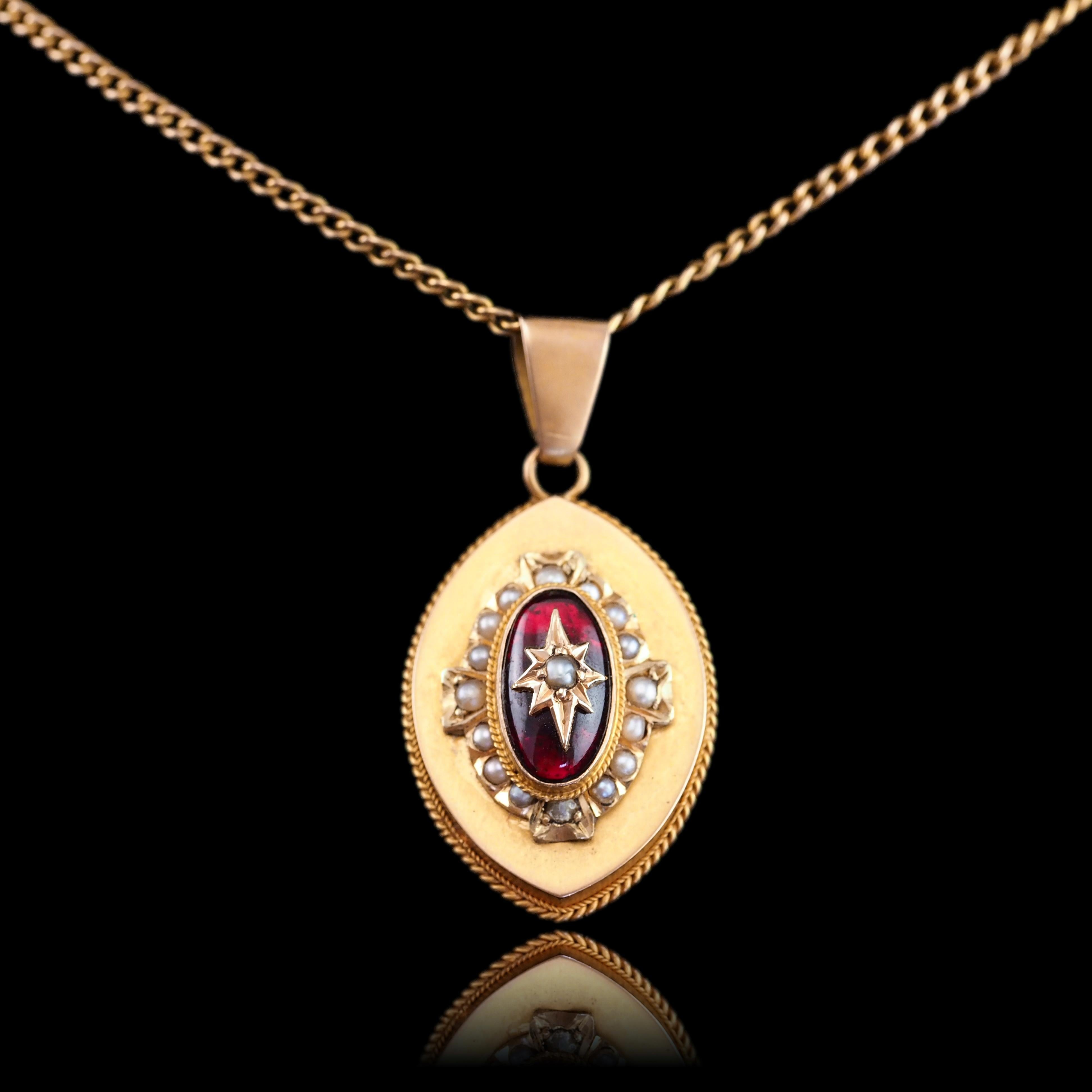Antique Victorian Garnet & Pearl Pendant Necklace 14K Gold c.1880 For Sale 5