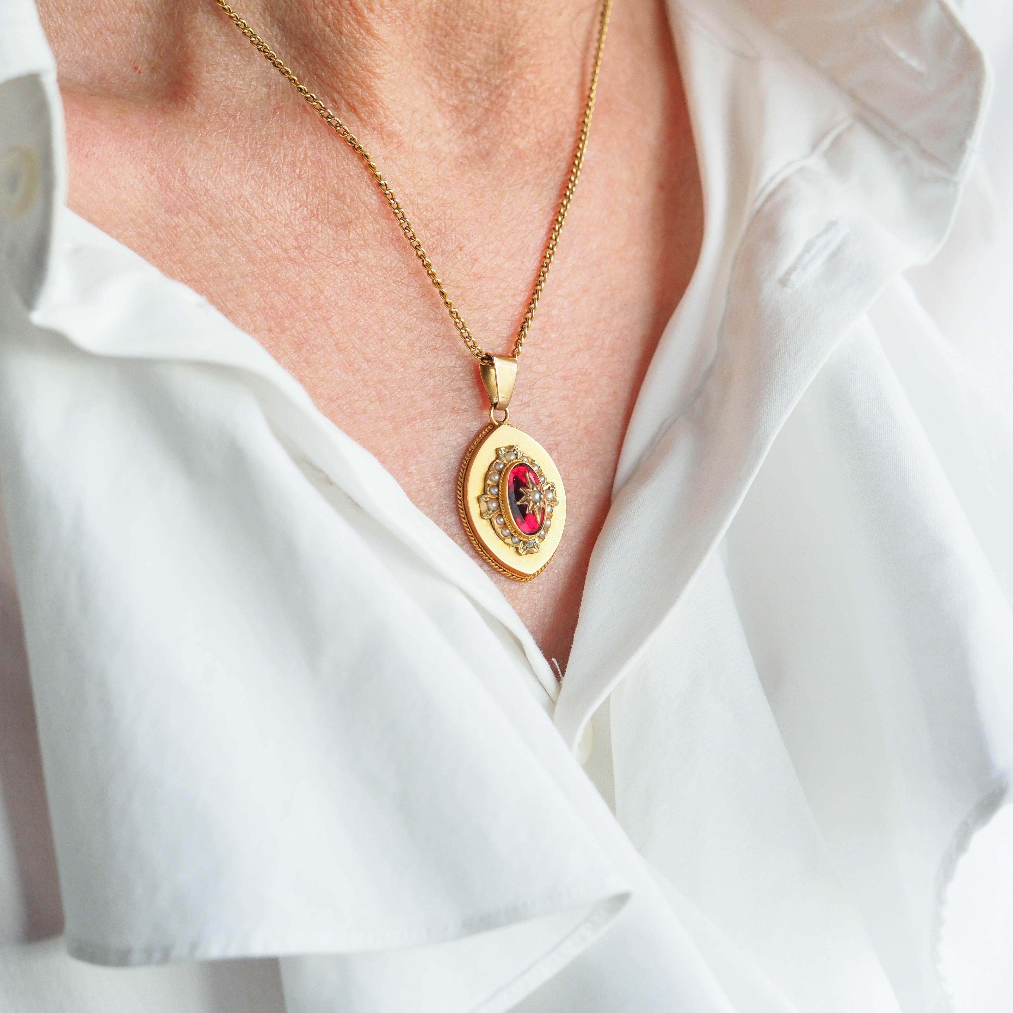 Antique Victorian Garnet & Pearl Pendant Necklace 14K Gold c.1880 For Sale 6