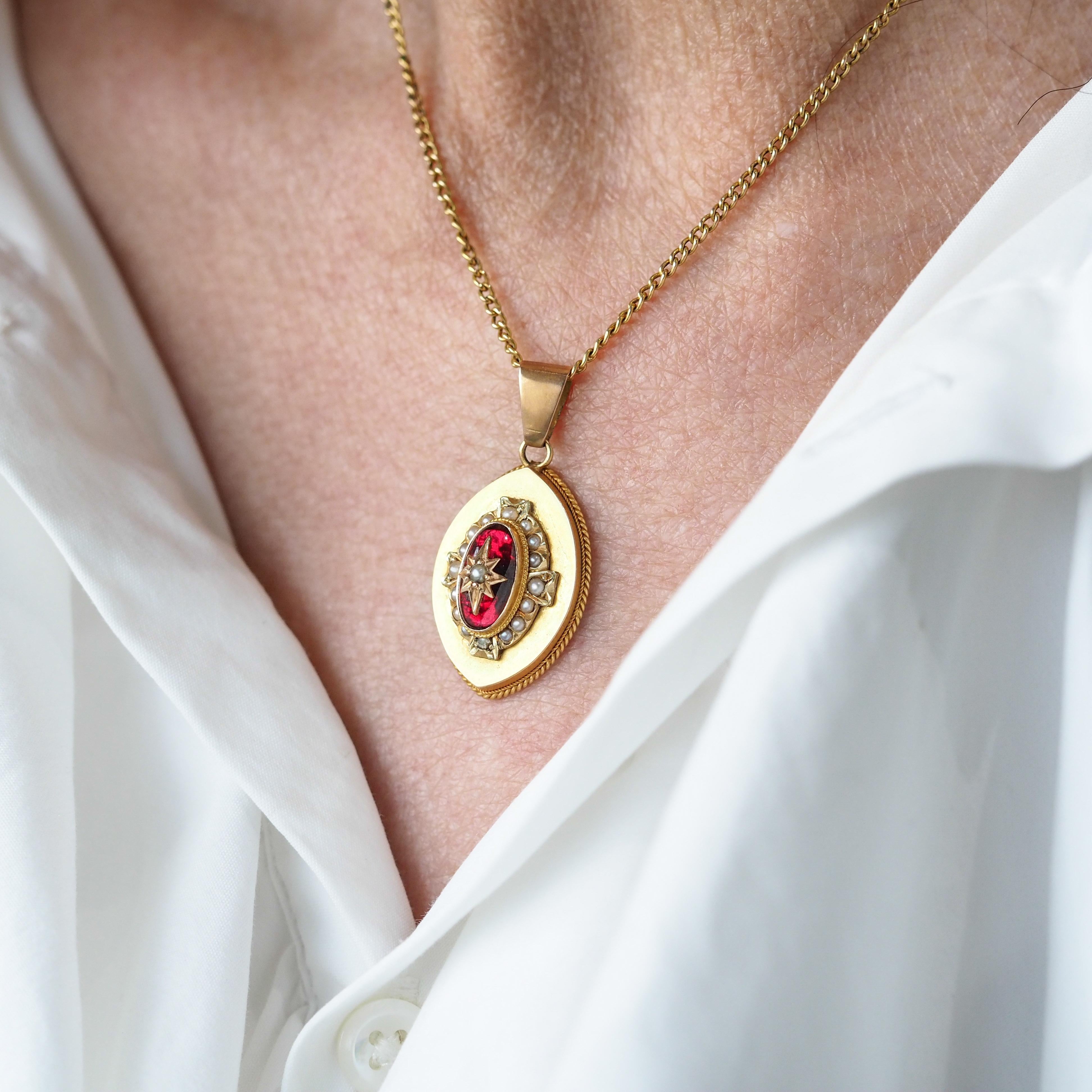 Antique Victorian Garnet & Pearl Pendant Necklace 14K Gold c.1880 For Sale 7