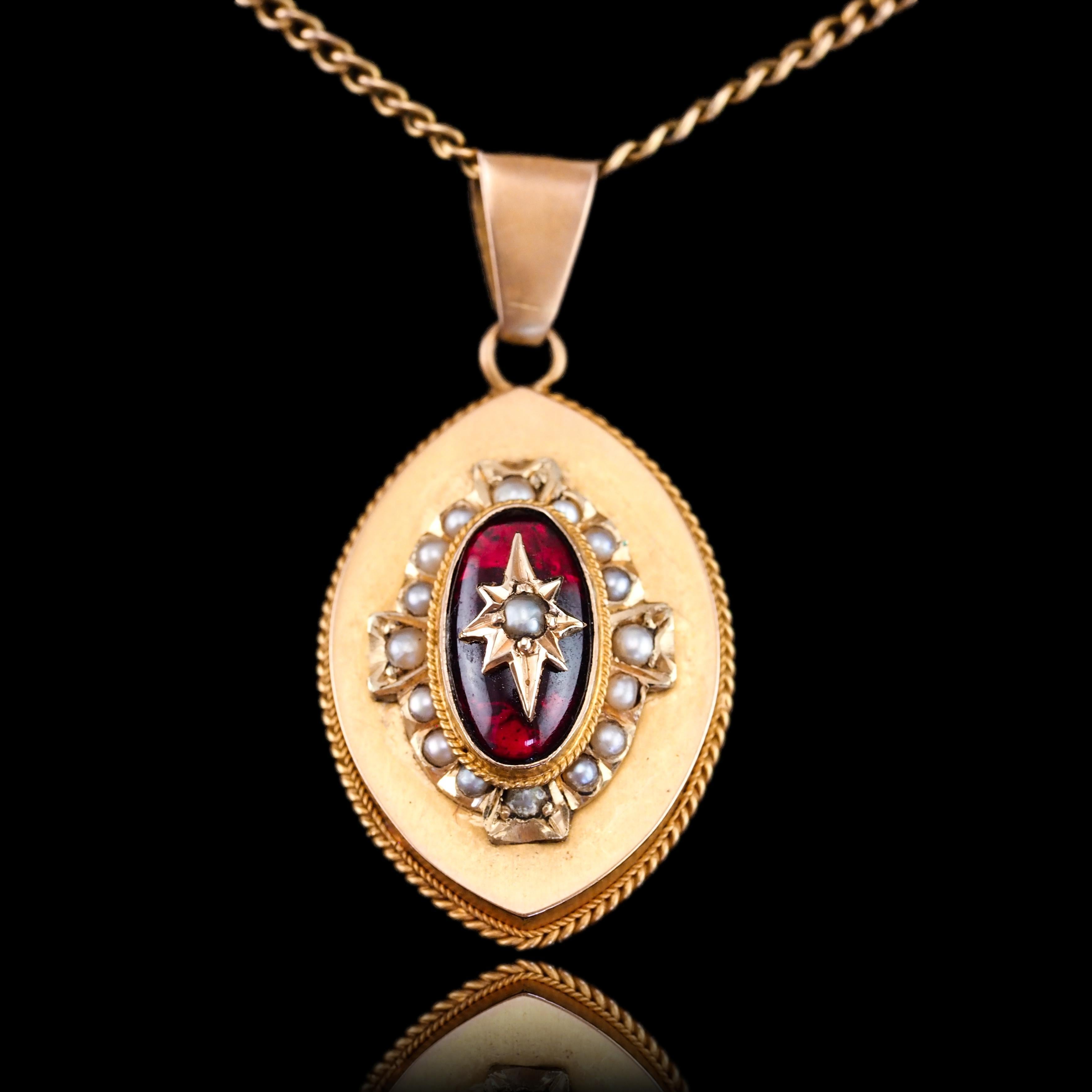 Antique Victorian Garnet & Pearl Pendant Necklace 14K Gold c.1880 For Sale 8