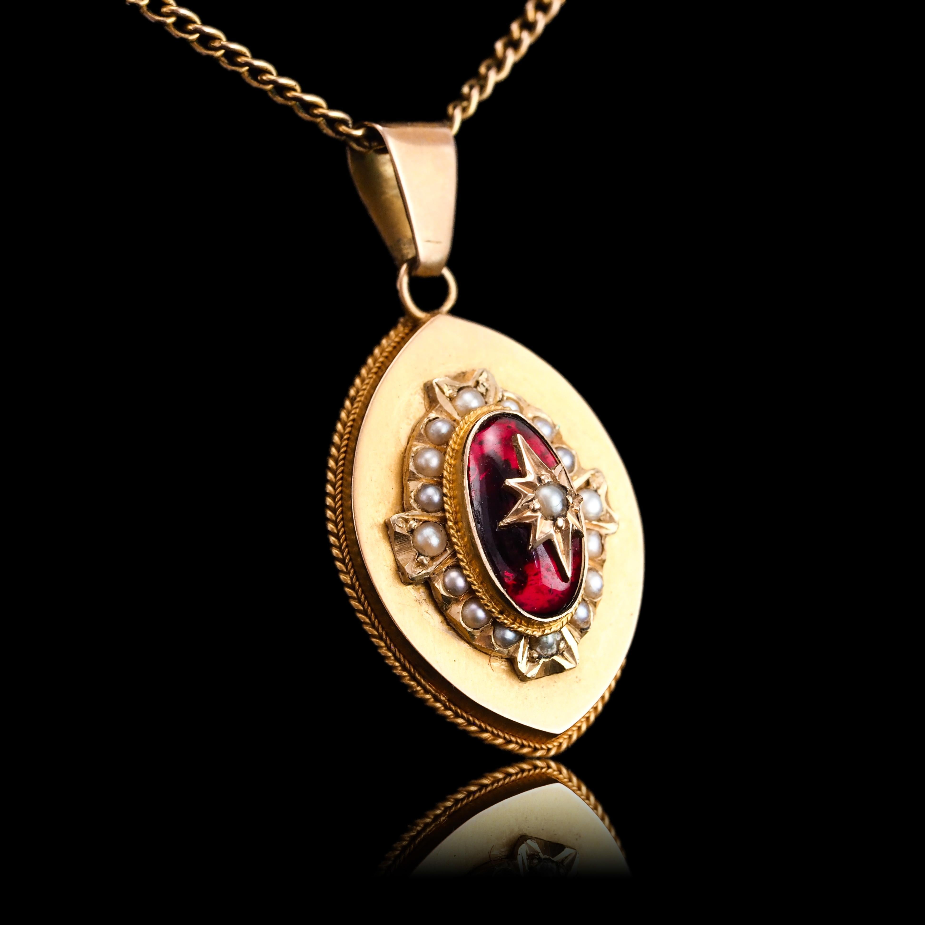 Antique Victorian Garnet & Pearl Pendant Necklace 14K Gold c.1880 For Sale 9