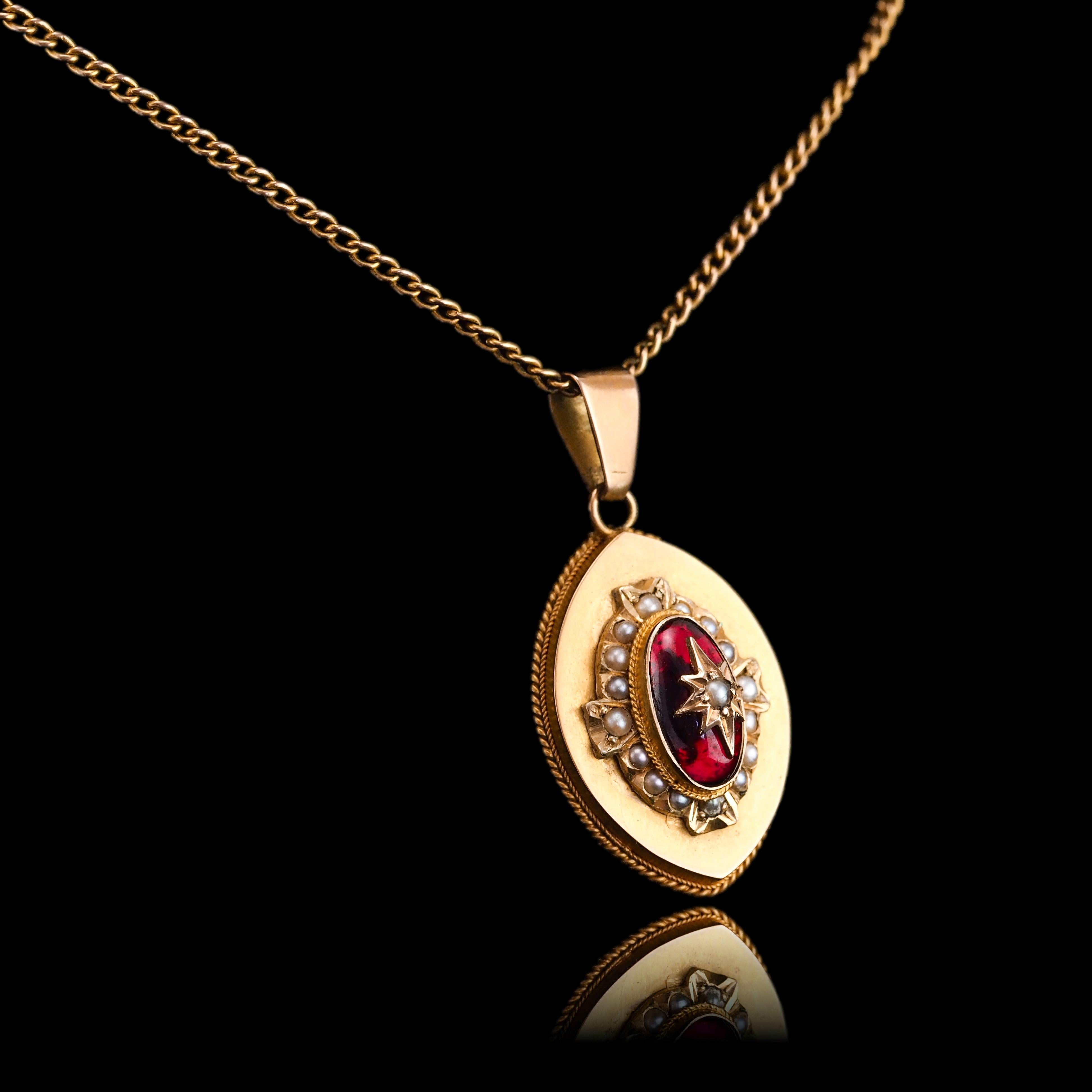 Antique Victorian Garnet & Pearl Pendant Necklace 14K Gold c.1880 For Sale 10