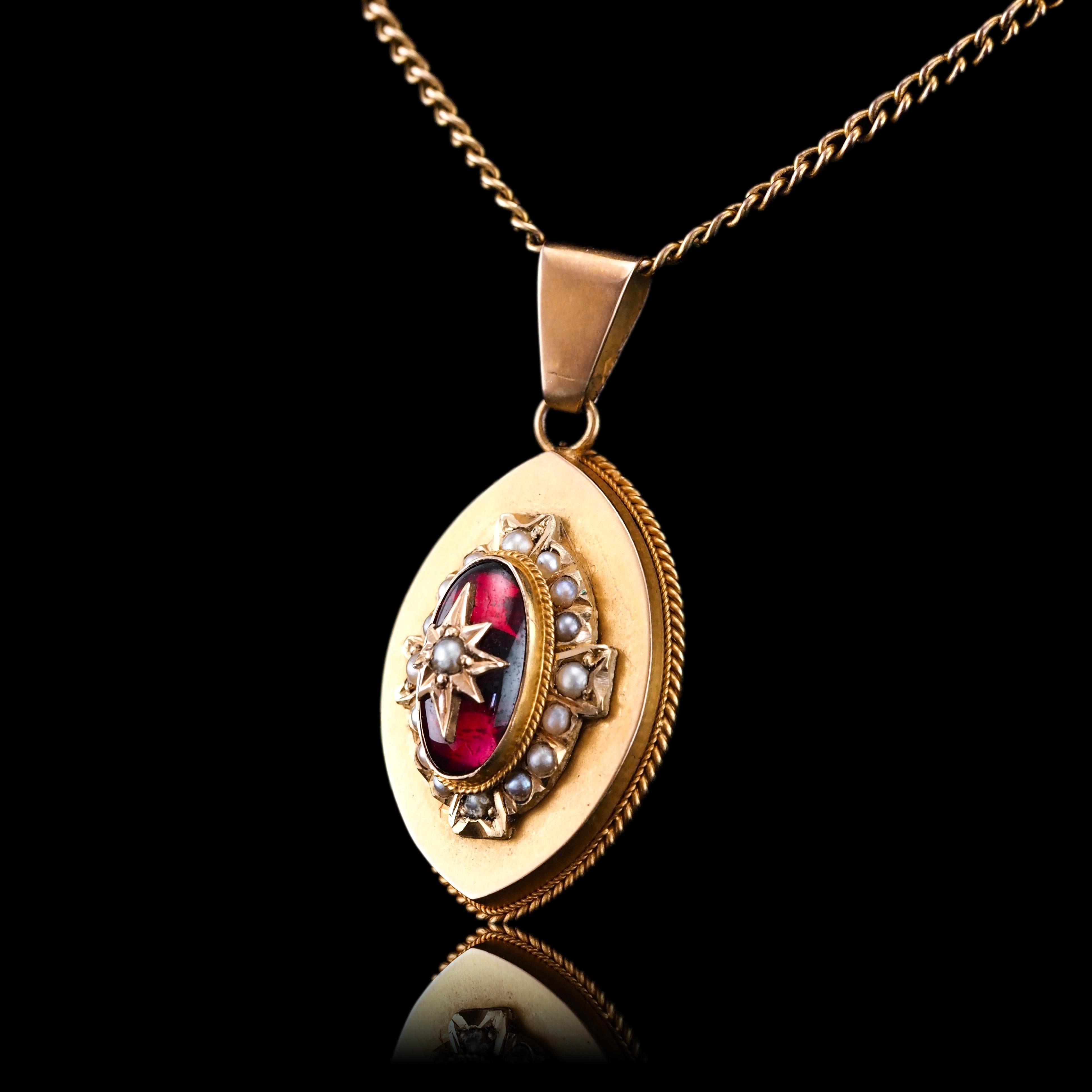 Antique Victorian Garnet & Pearl Pendant Necklace 14K Gold c.1880 In Good Condition For Sale In London, GB