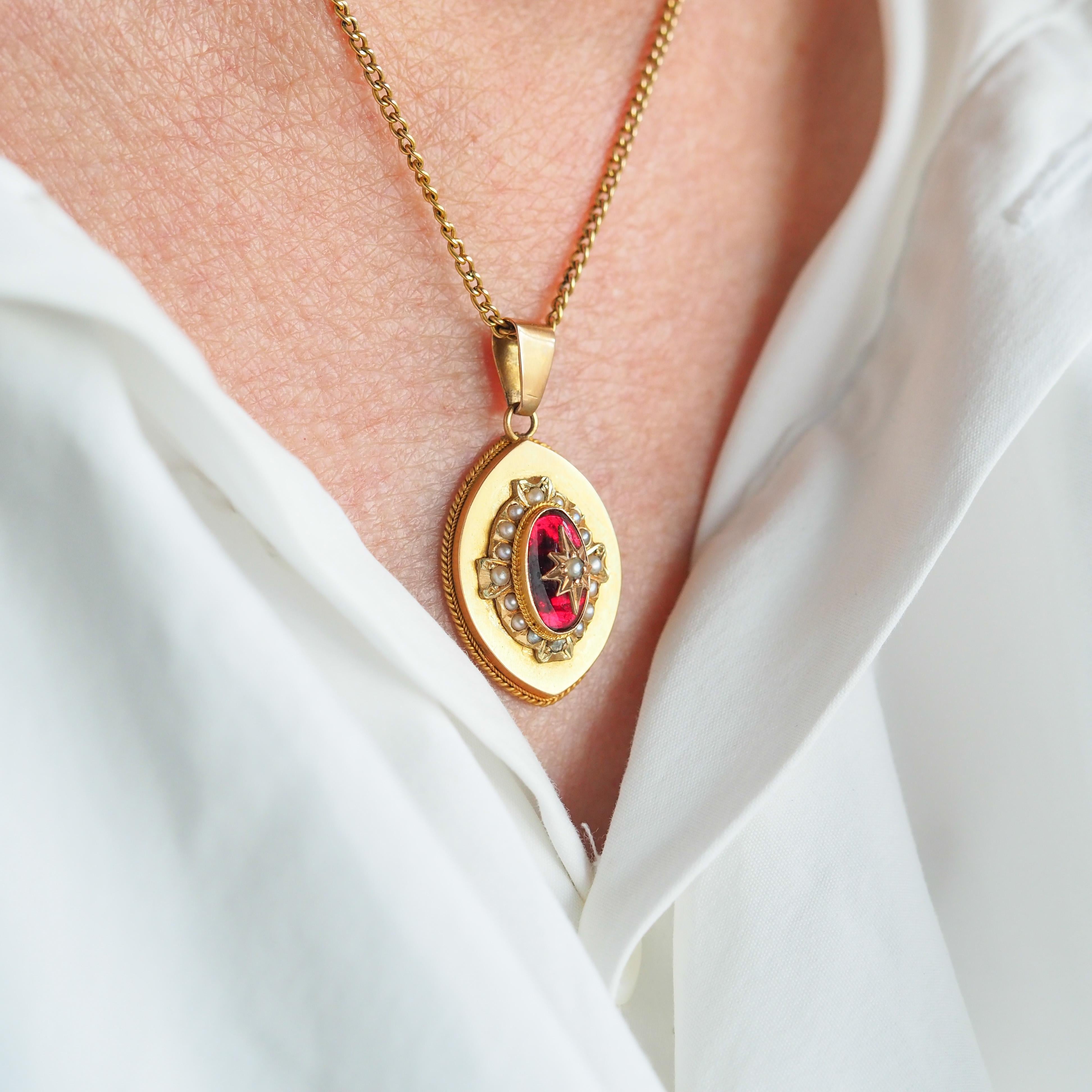 Women's Antique Victorian Garnet & Pearl Pendant Necklace 14K Gold c.1880 For Sale