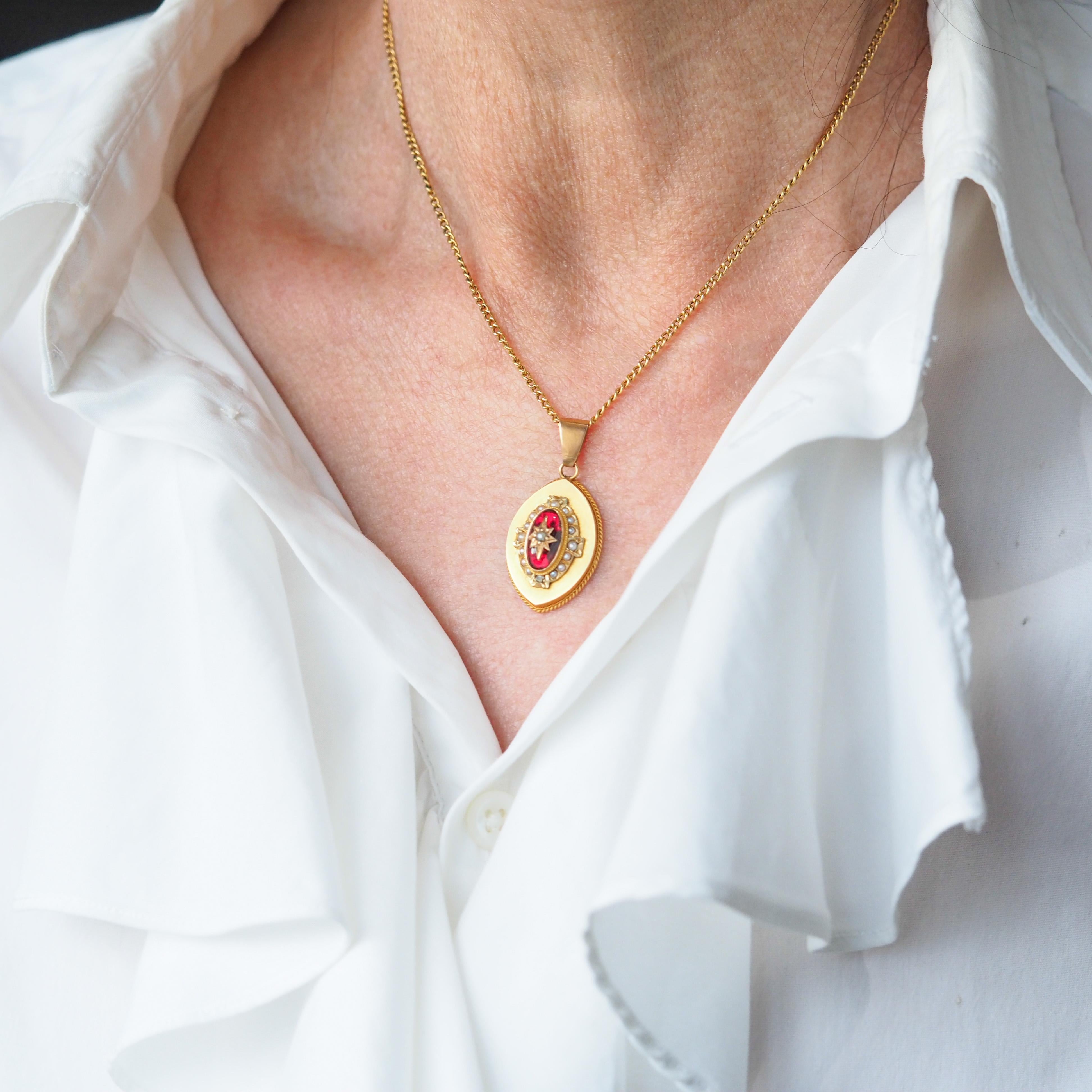 Antique Victorian Garnet & Pearl Pendant Necklace 14K Gold c.1880 For Sale 1