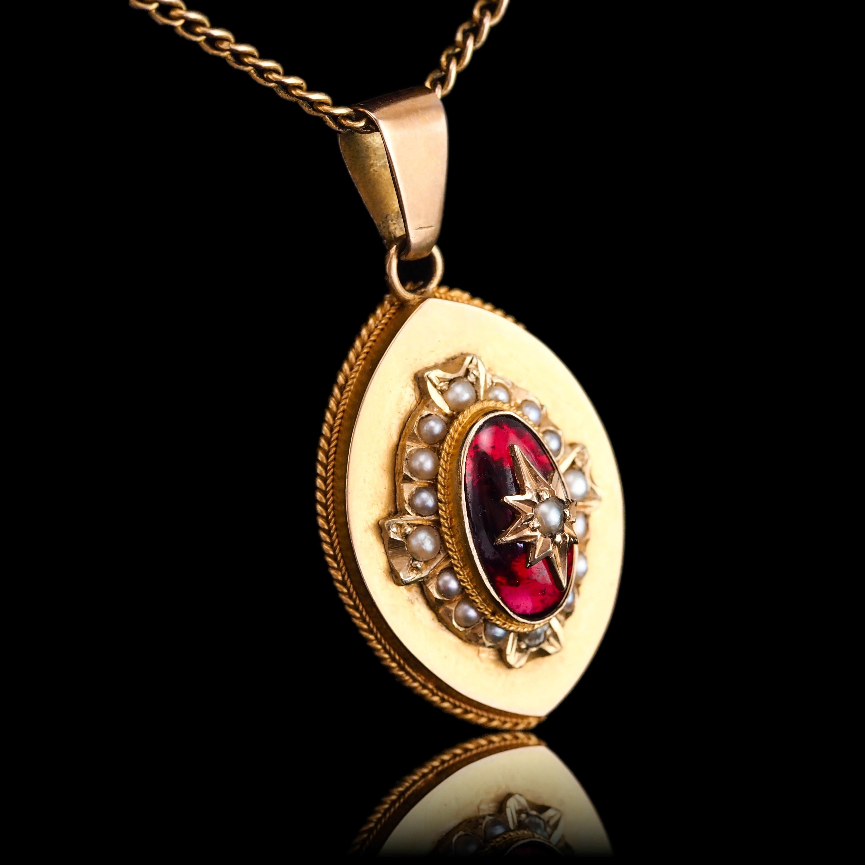 Antique Victorian Garnet & Pearl Pendant Necklace 14K Gold c.1880 For Sale 2