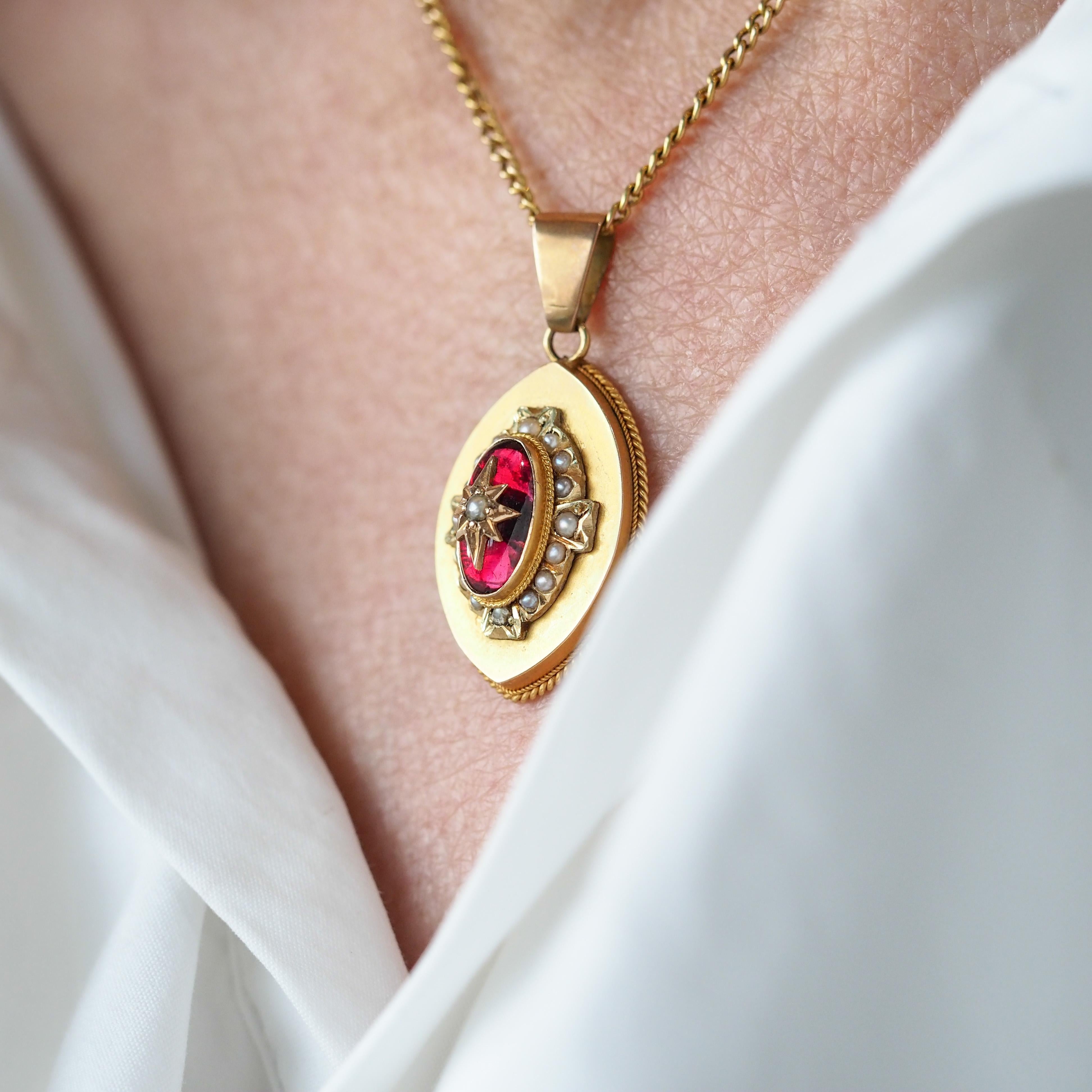 Antique Victorian Garnet & Pearl Pendant Necklace 14K Gold c.1880 For Sale 3