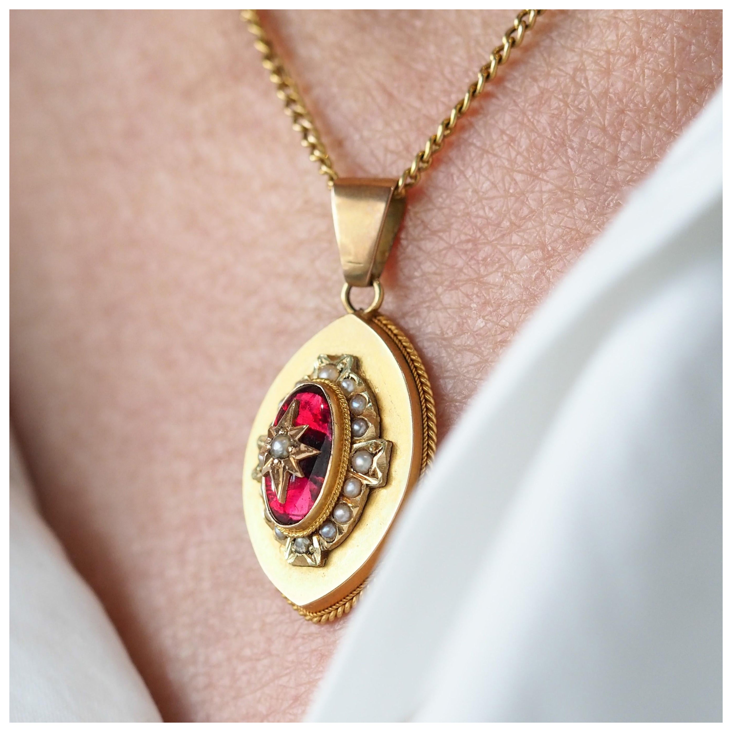 Antique collier victorien à pendentifs en grenat et perles 14K Gold c.1880