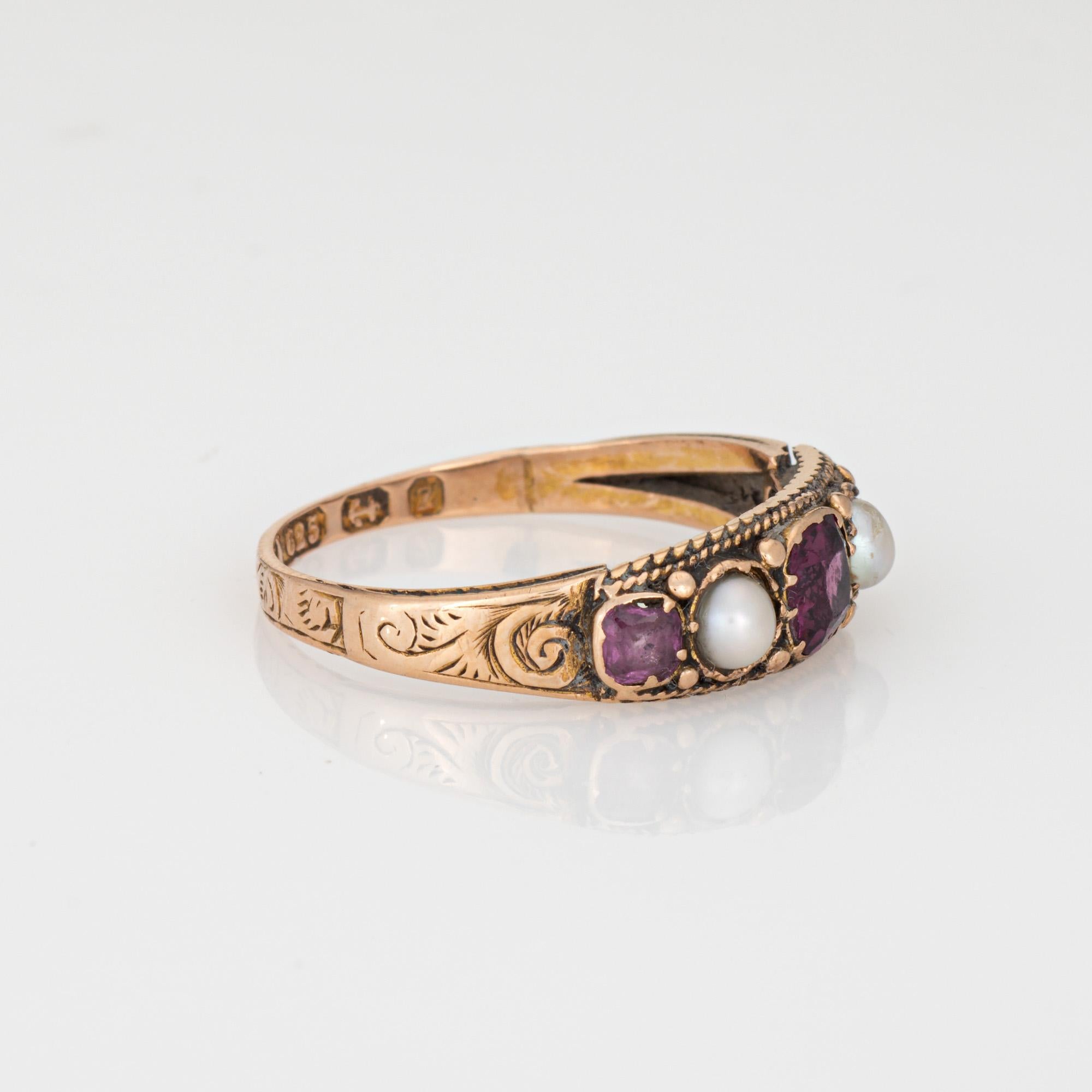 Round Cut Antique Victorian Garnet Pearl Ring c1848 15k Yellow Gold Sz 5.75 Fine Jewelry