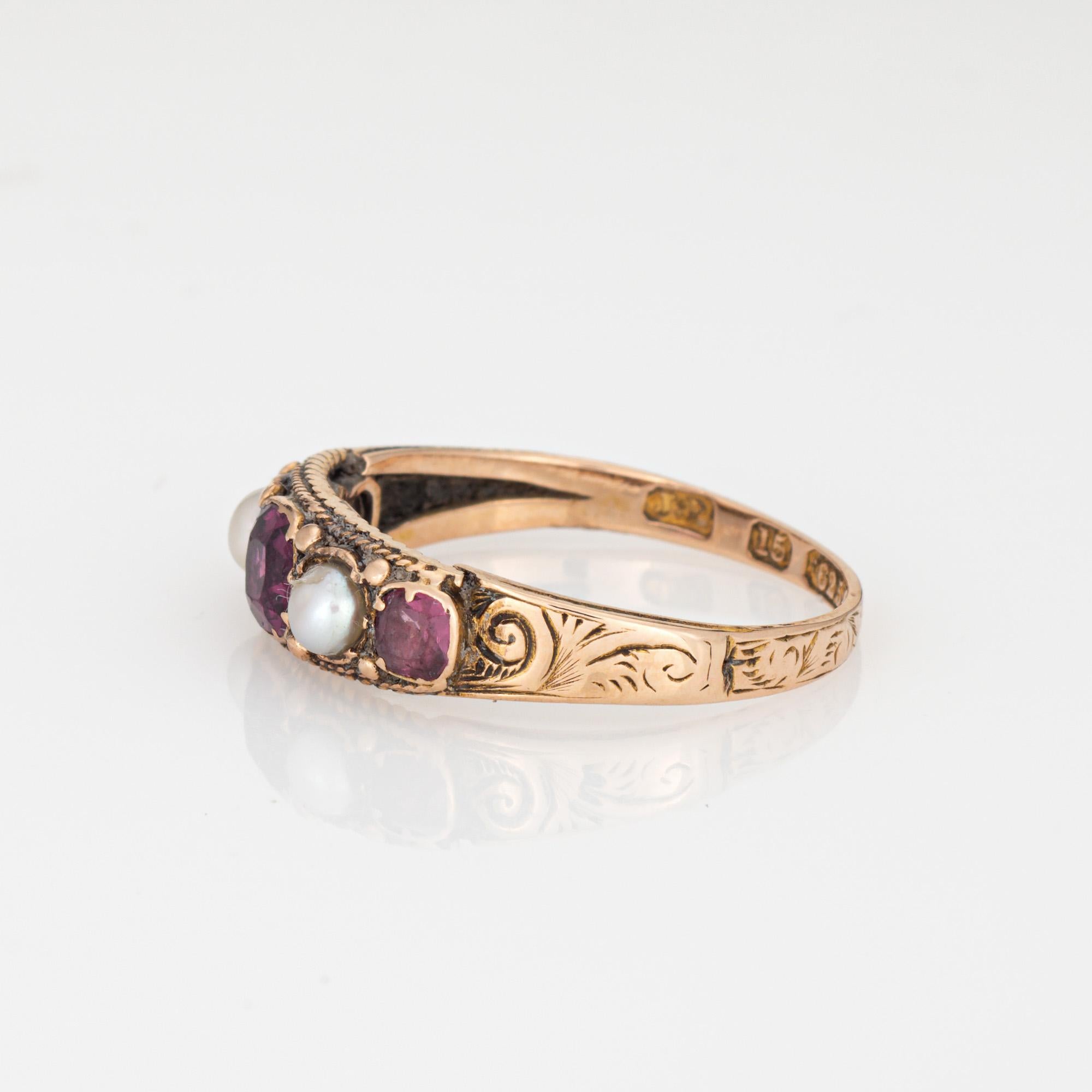 Antique Victorian Garnet Pearl Ring c1848 15k Yellow Gold Sz 5.75 Fine Jewelry In Good Condition In Torrance, CA