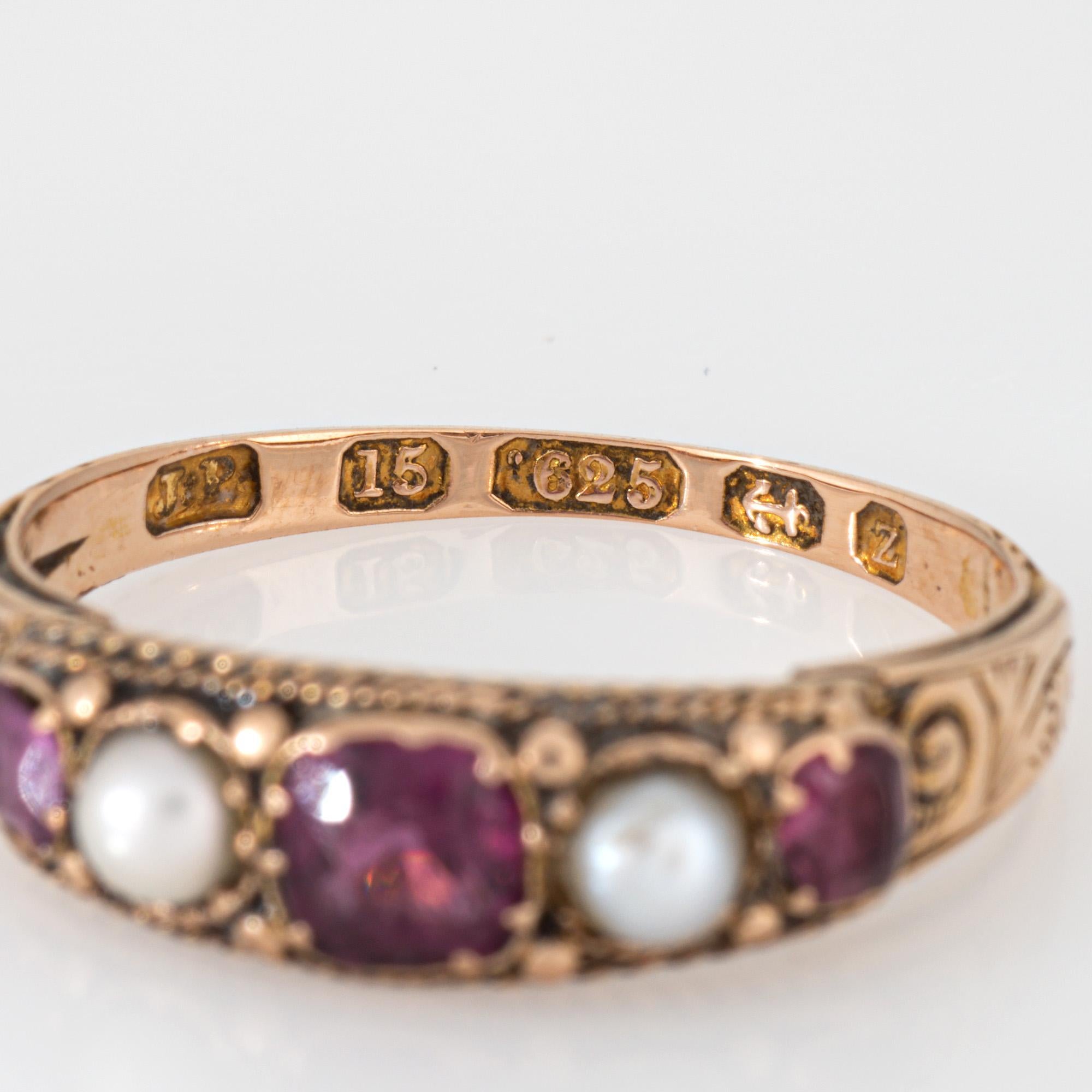 Antique Victorian Garnet Pearl Ring c1848 15k Yellow Gold Sz 5.75 Fine Jewelry 2