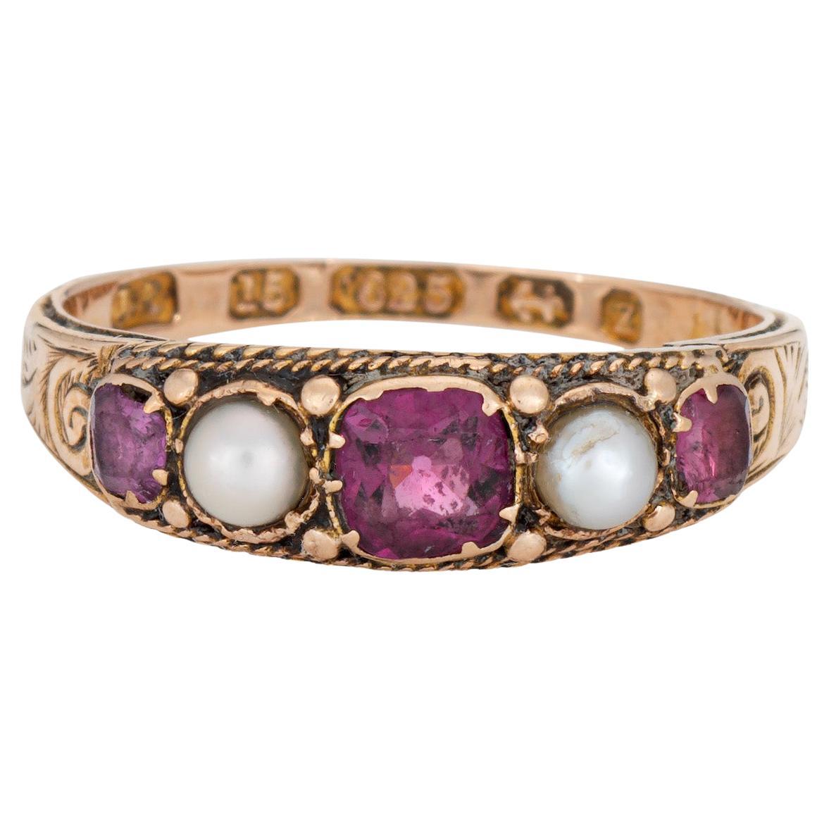 Antique Victorian Garnet Pearl Ring c1848 15k Yellow Gold Sz 5.75 Fine Jewelry