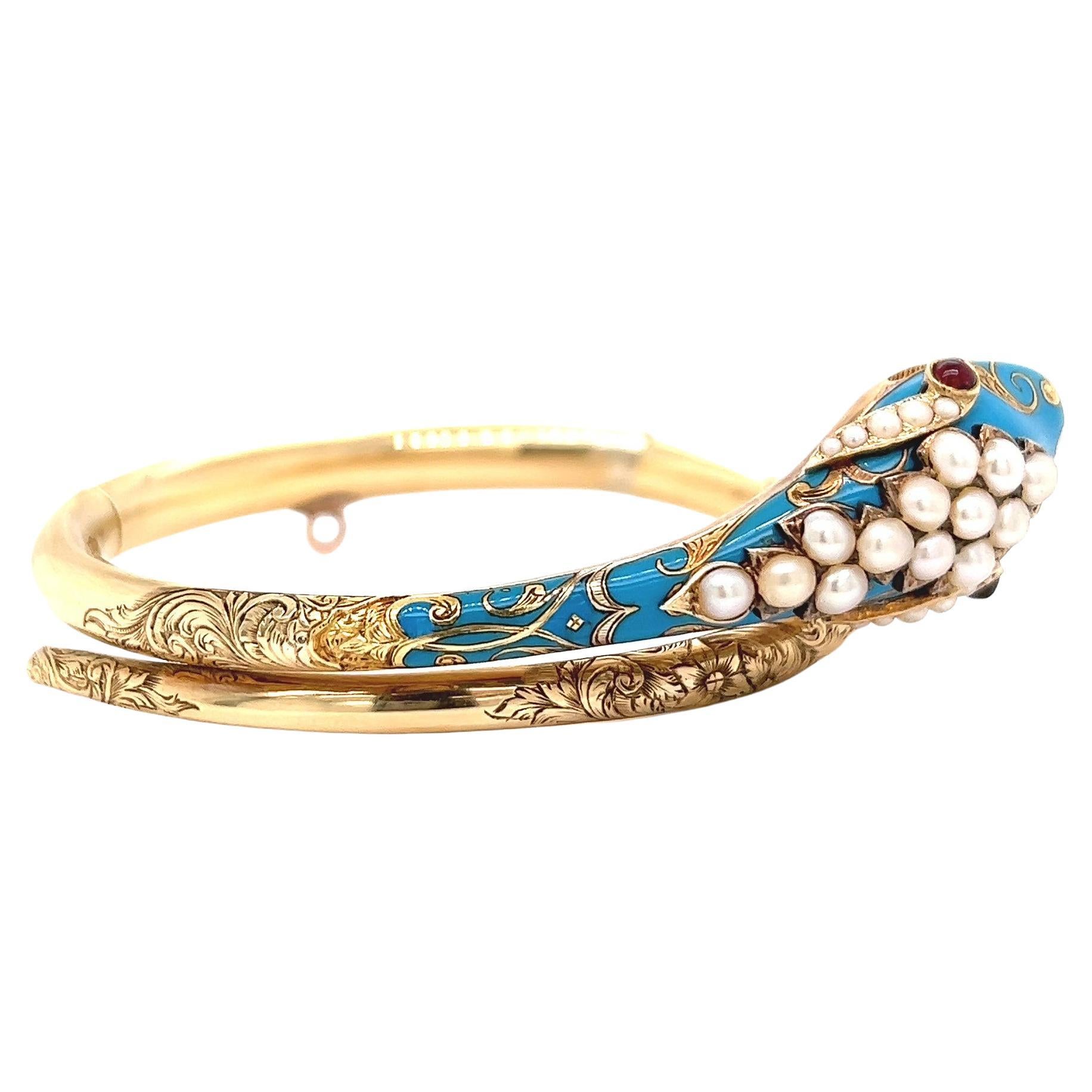 Women's or Men's Antique Victorian Garnet Pearl Yellow Gold Blue Enamel Snake Bracelet
