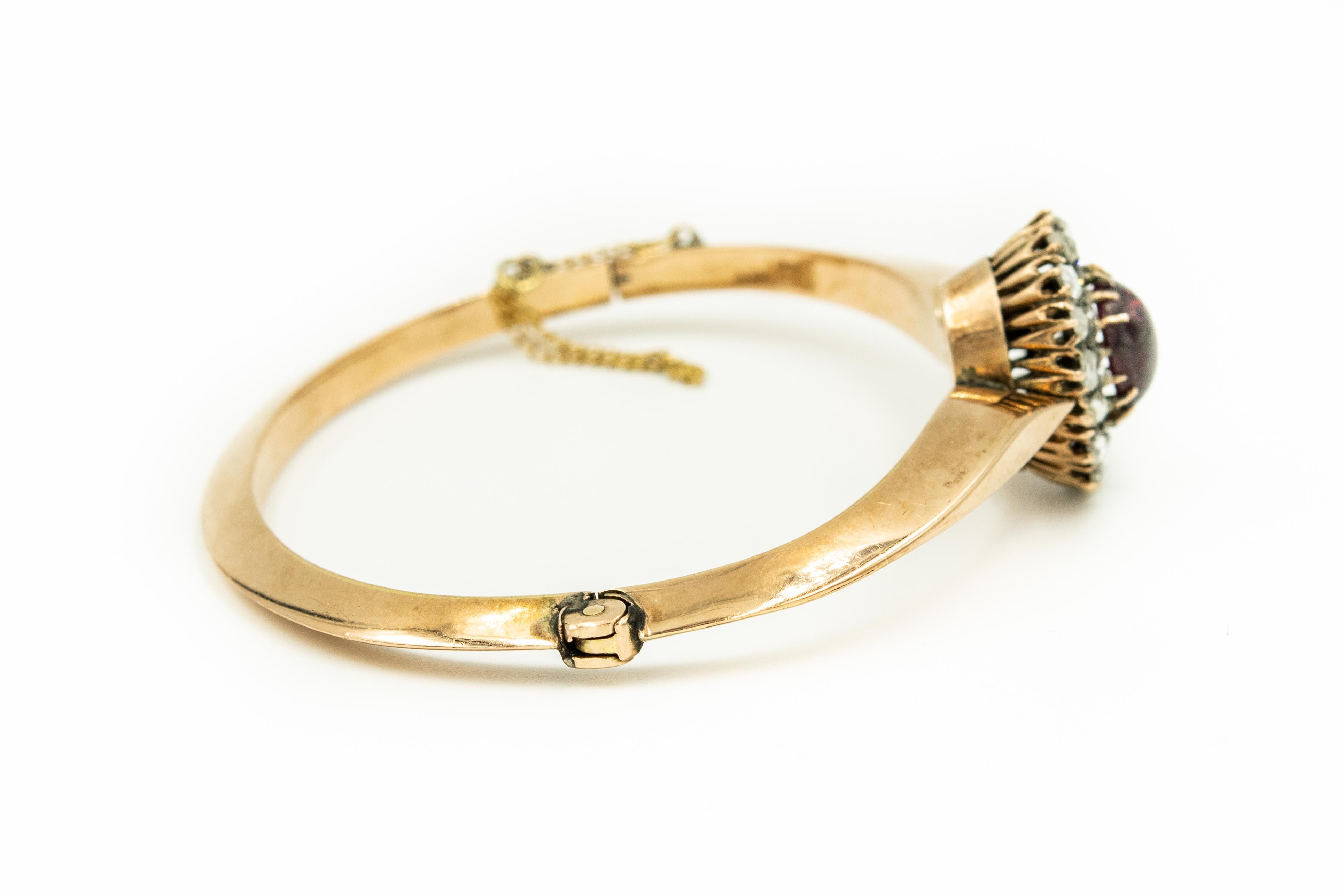 Cabochon Antique Victorian Garnet Rose Cut Diamond Gold Bangle Bracelet For Sale