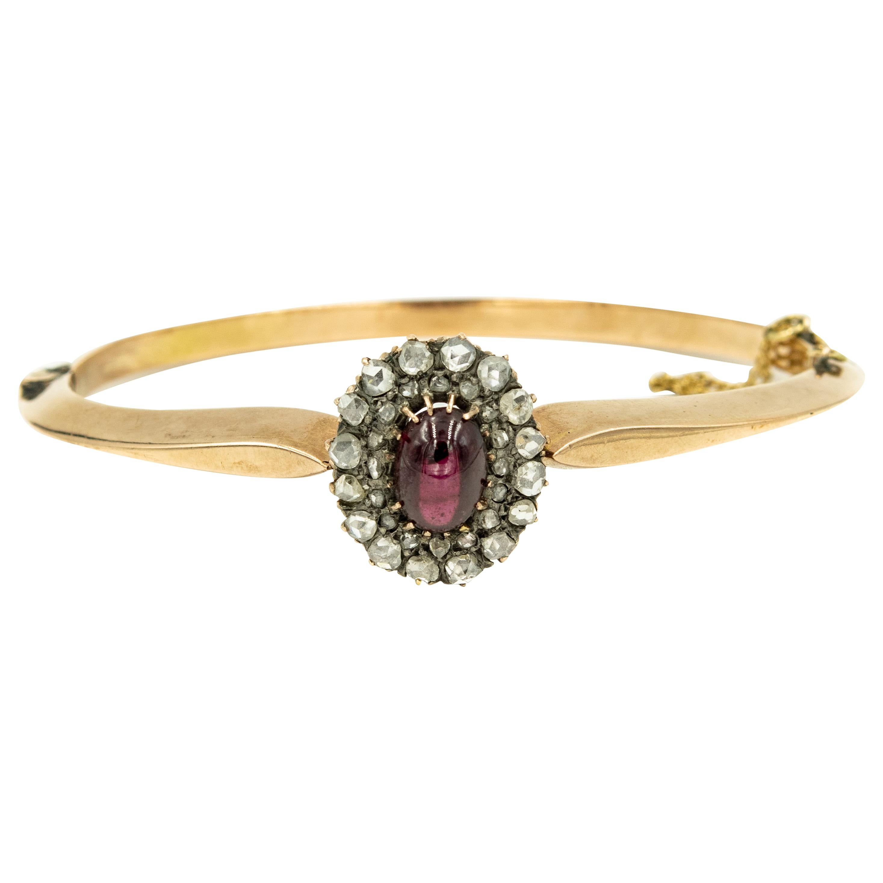 Antique Victorian Garnet Rose Cut Diamond Gold Bangle Bracelet For Sale