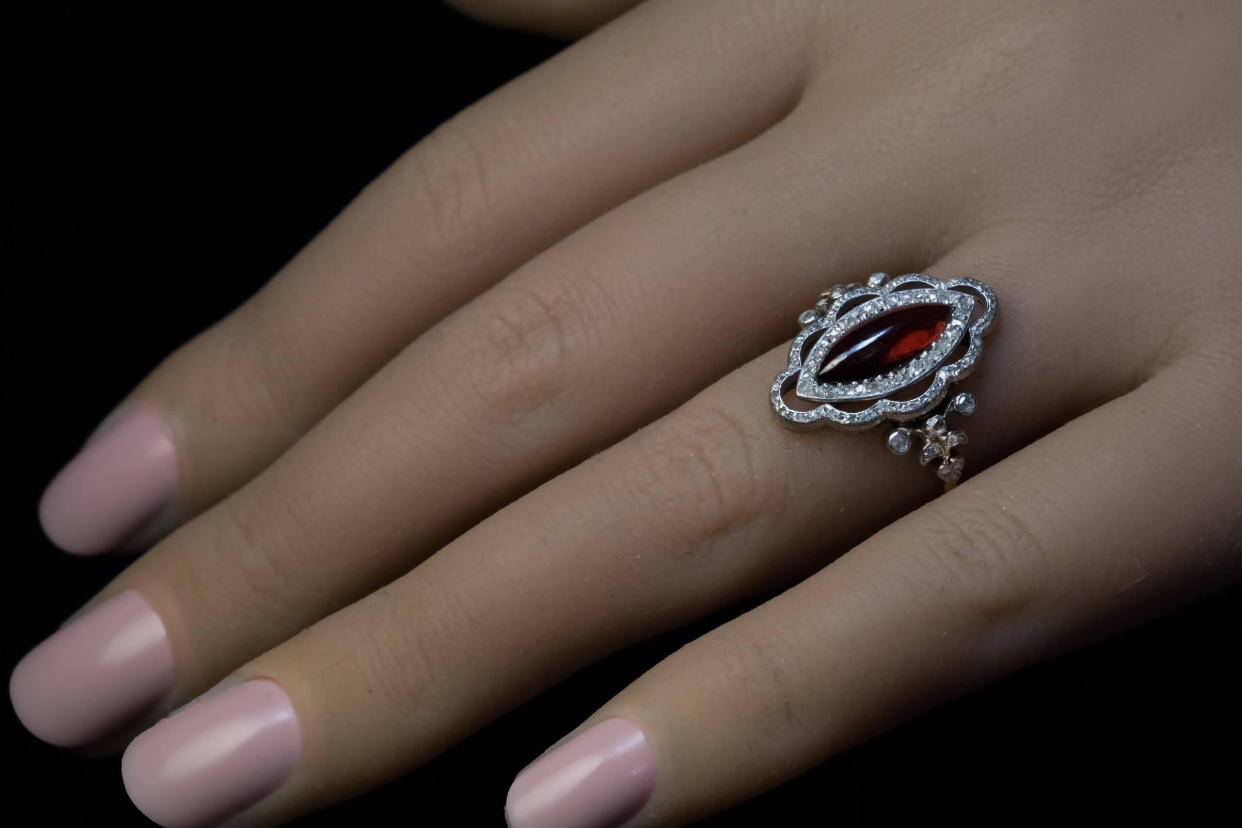 Cabochon Antique Victorian Garnet Rose Cut Diamond Ring For Sale