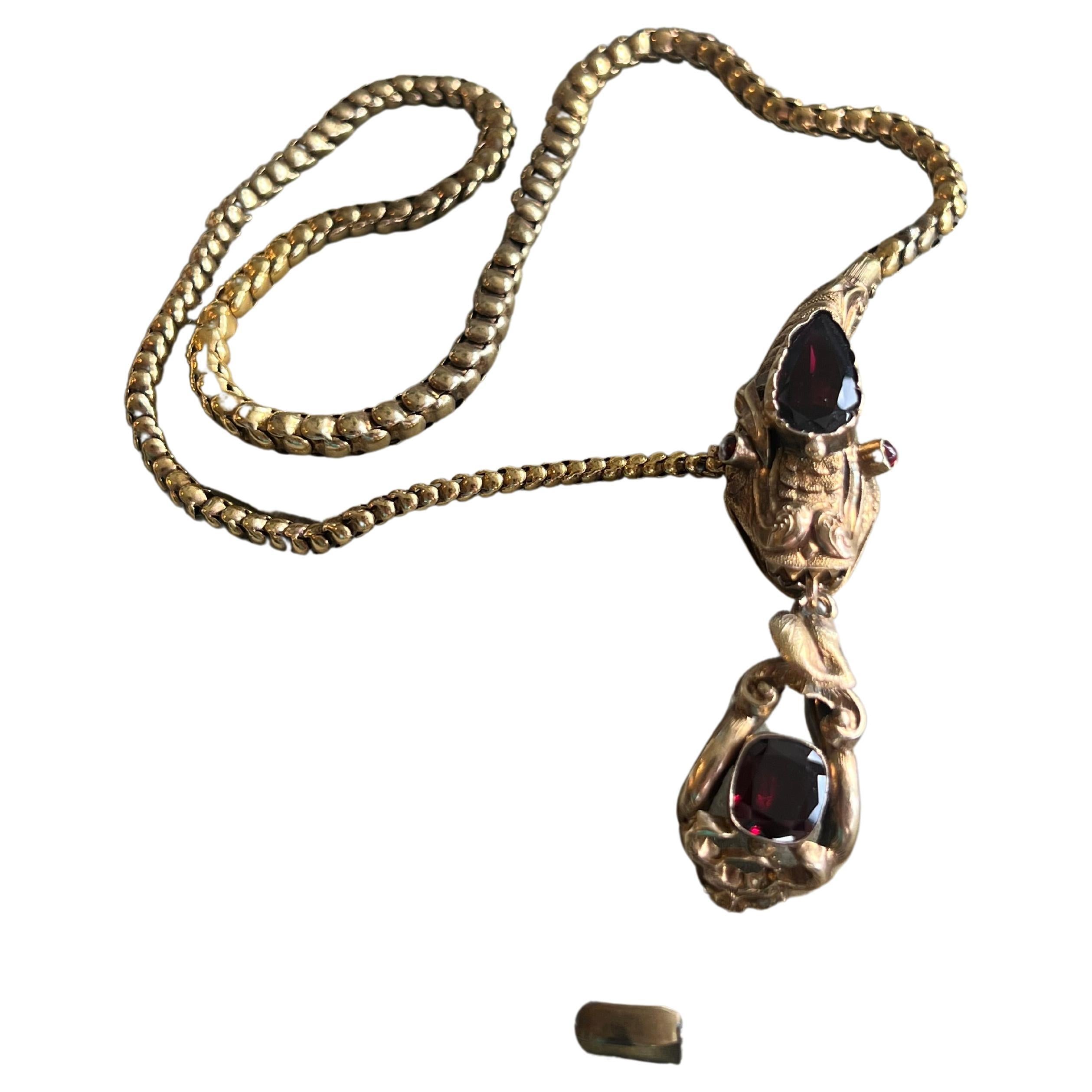 Antique Cushion Cut Antique Victorian Garnet Snake Necklace For Sale