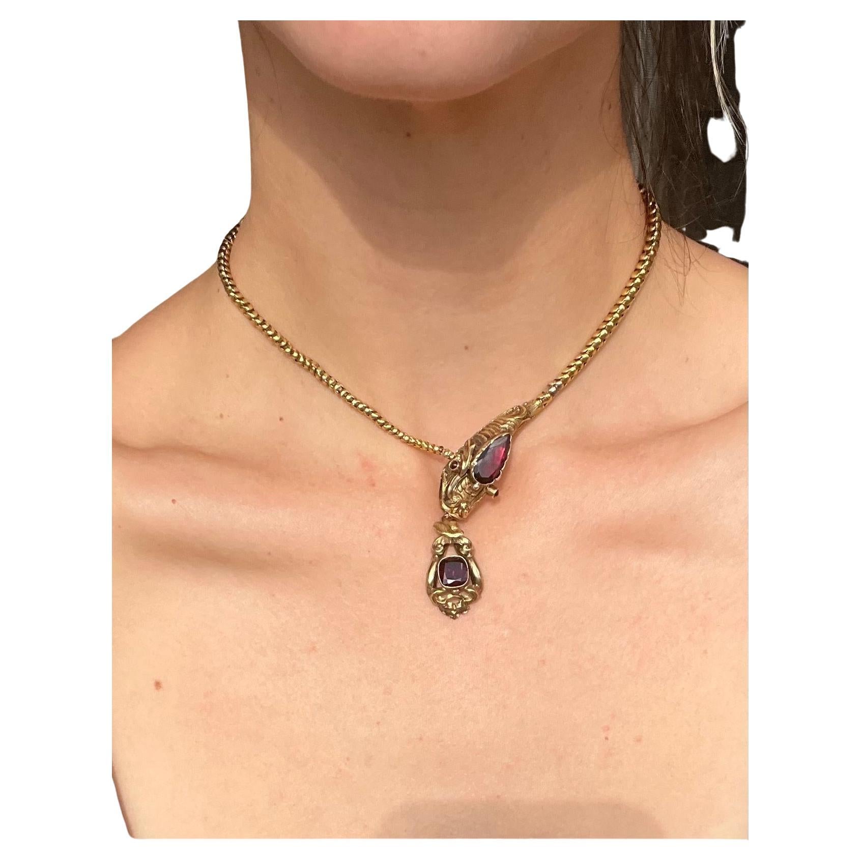 Women's or Men's Antique Victorian Garnet Snake Necklace For Sale
