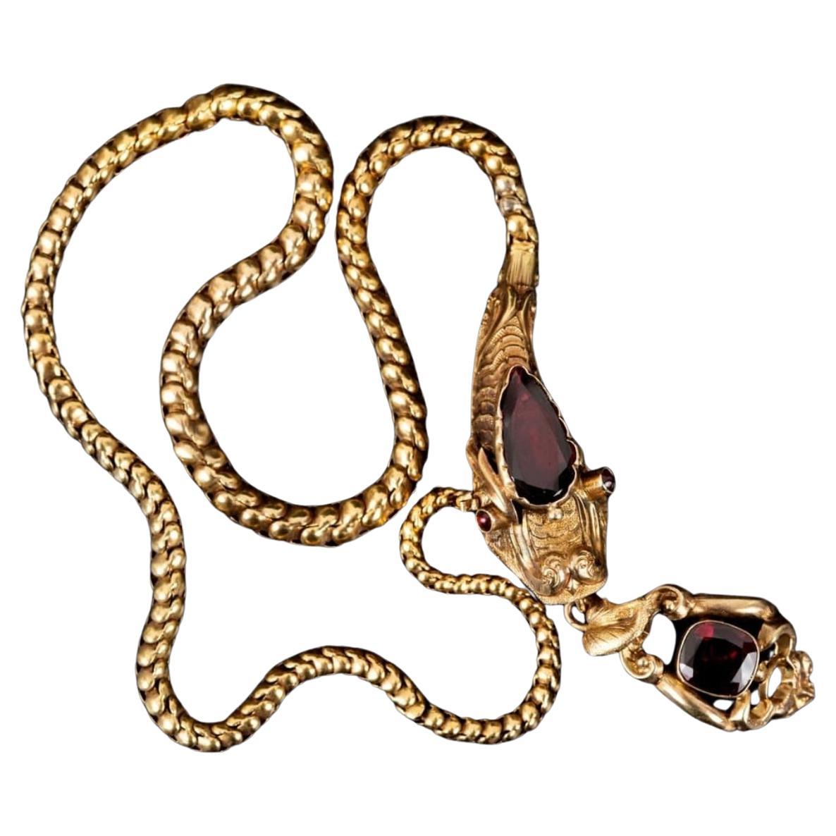 Antique Victorian Garnet Snake Necklace For Sale