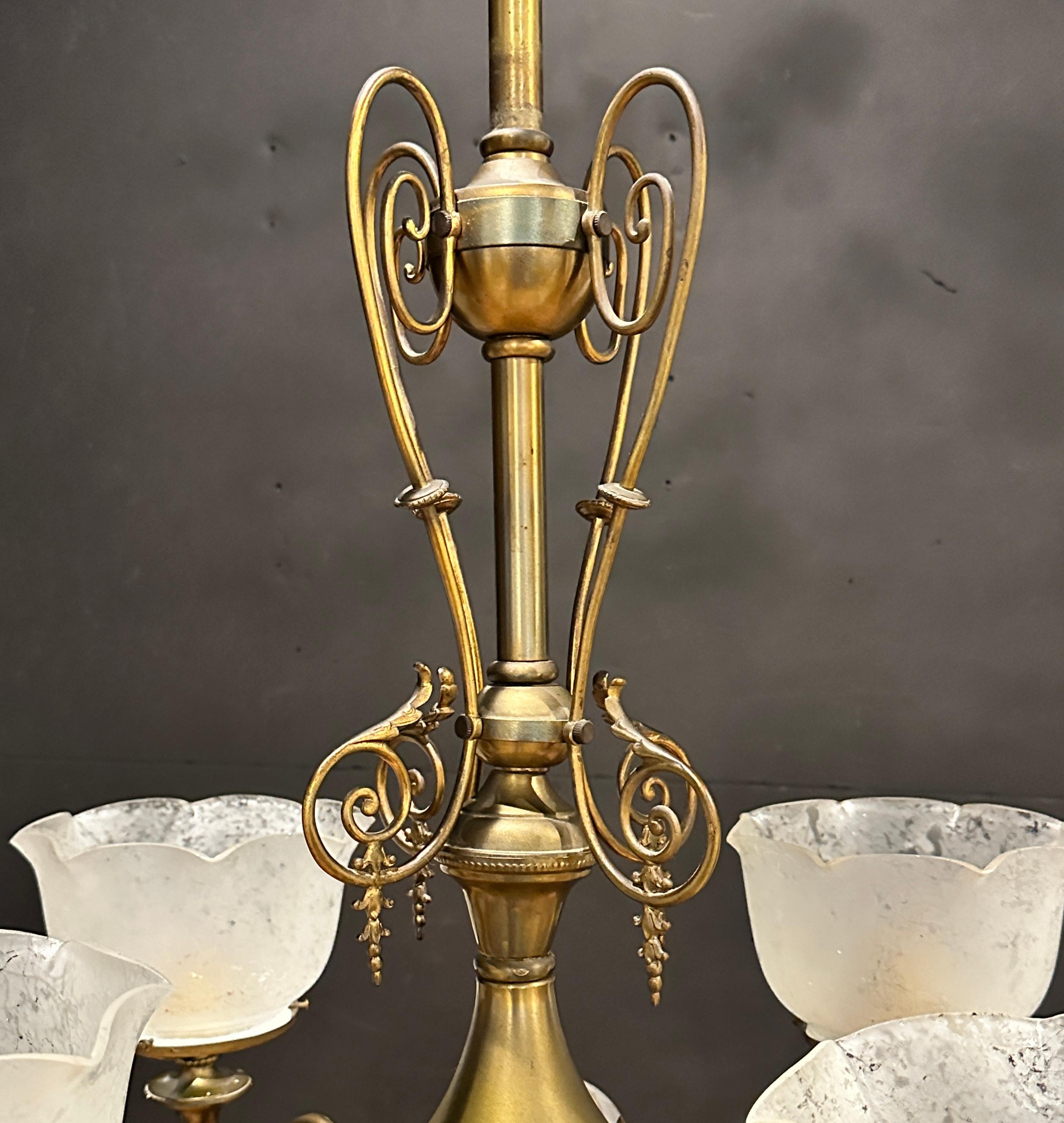 American Antique Victorian Gas and Electric Up & Down Brass Eight-Light Chandelier