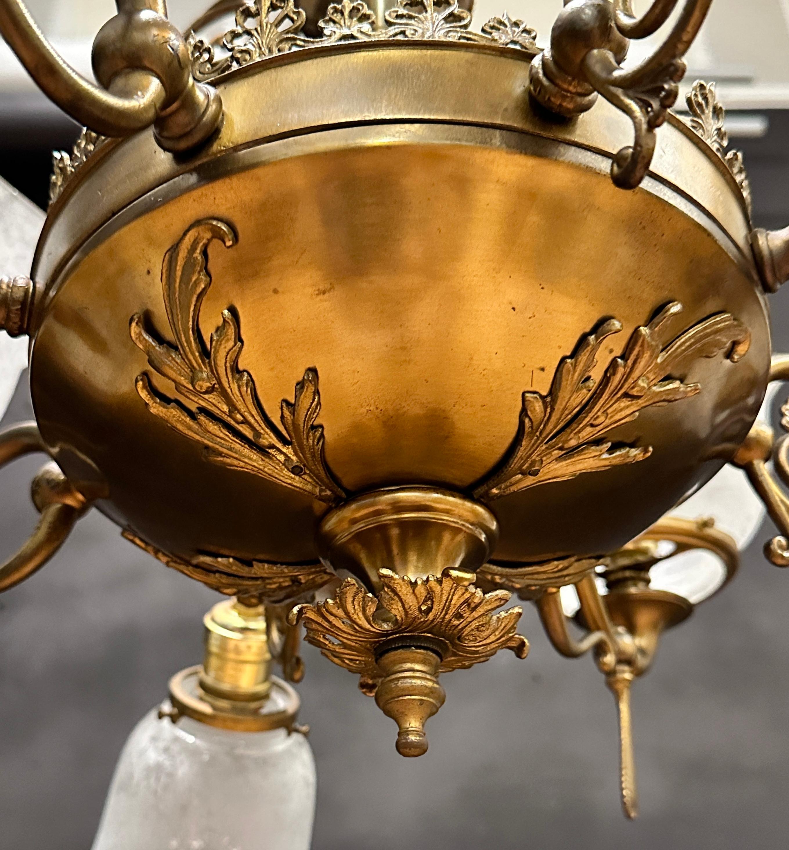 Etched Antique Victorian Gas and Electric Up & Down Brass Eight-Light Chandelier