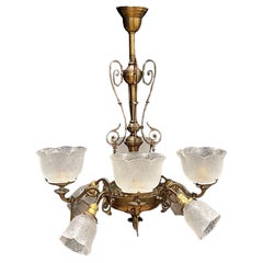 Antique Victorian Gas and Electric Up & Down Brass Eight-Light Chandelier