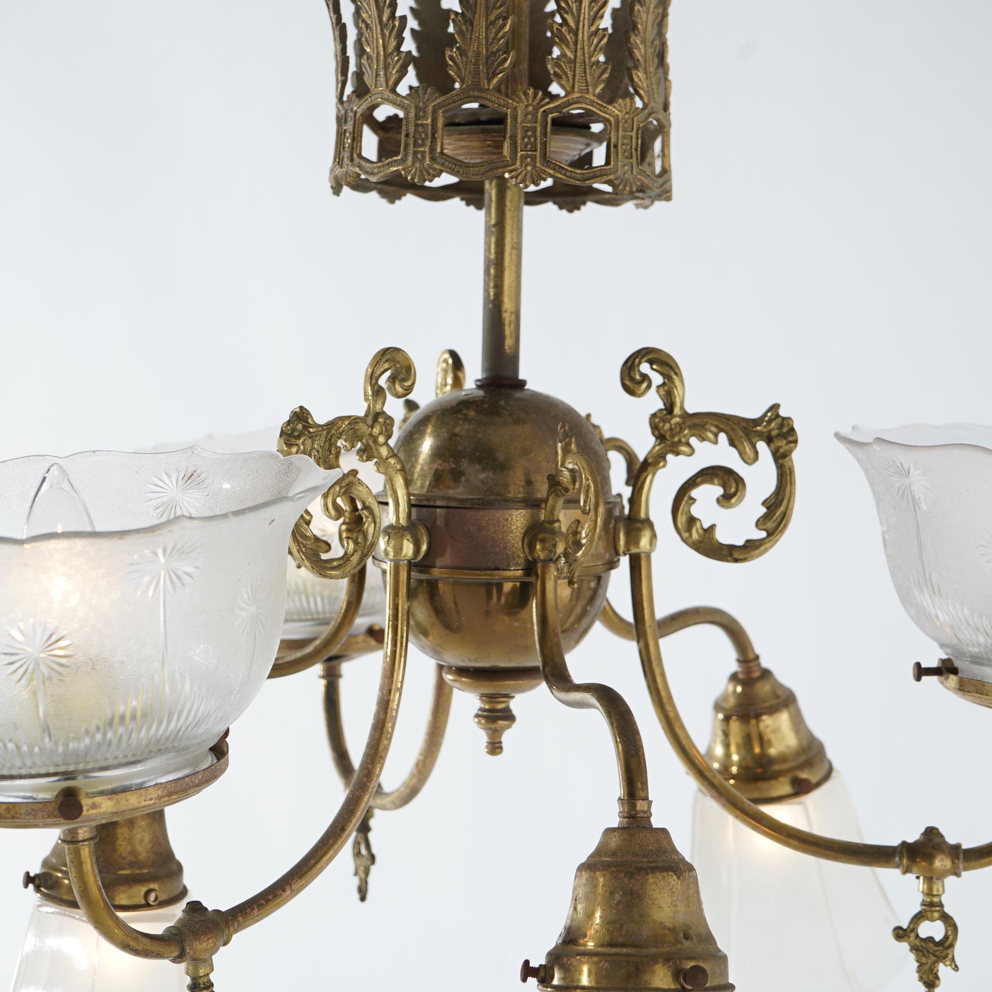 Antique Victorian Gas and Electric Up & Down Brass  Six-Light Chandelier c1910 5