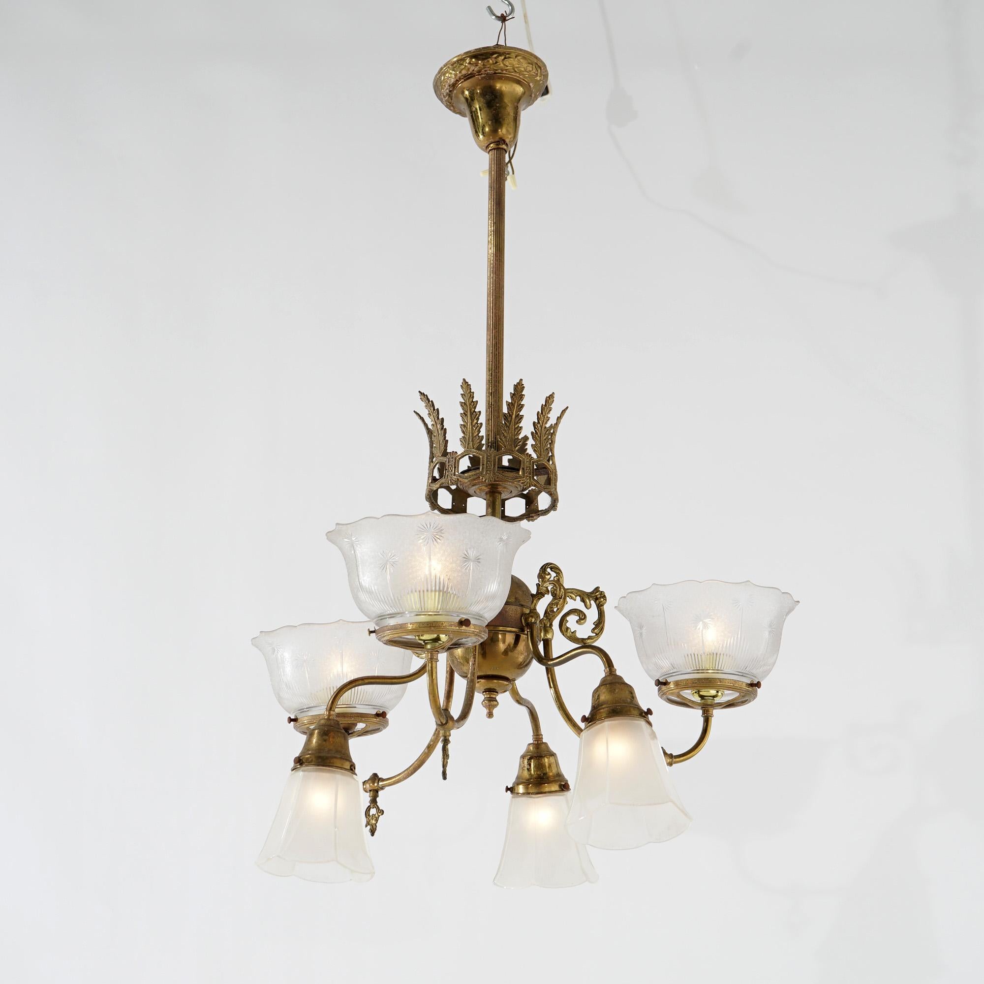 Antique Victorian Gas and Electric Up & Down Brass  Six-Light Chandelier c1910 10