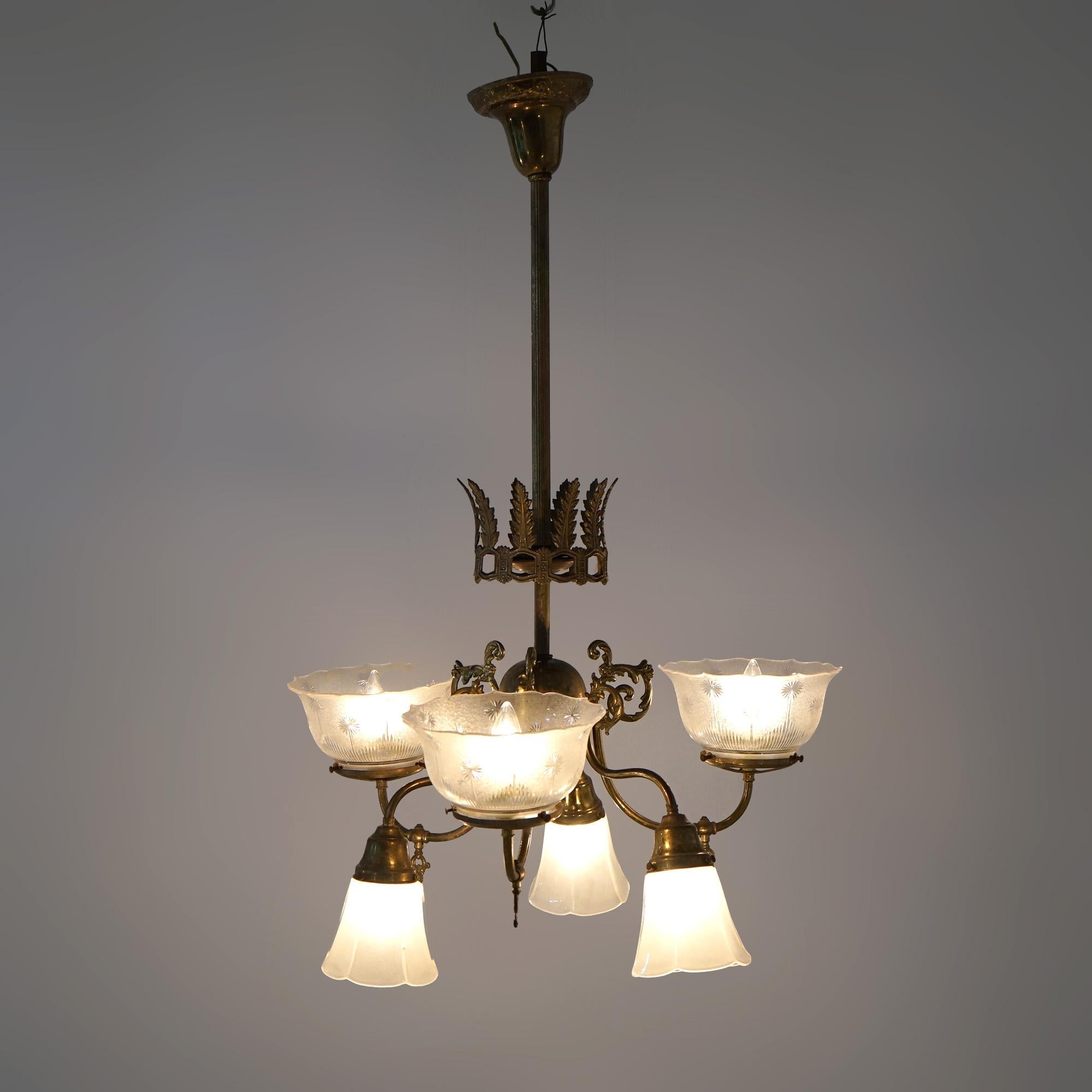 American Antique Victorian Gas and Electric Up & Down Brass  Six-Light Chandelier c1910