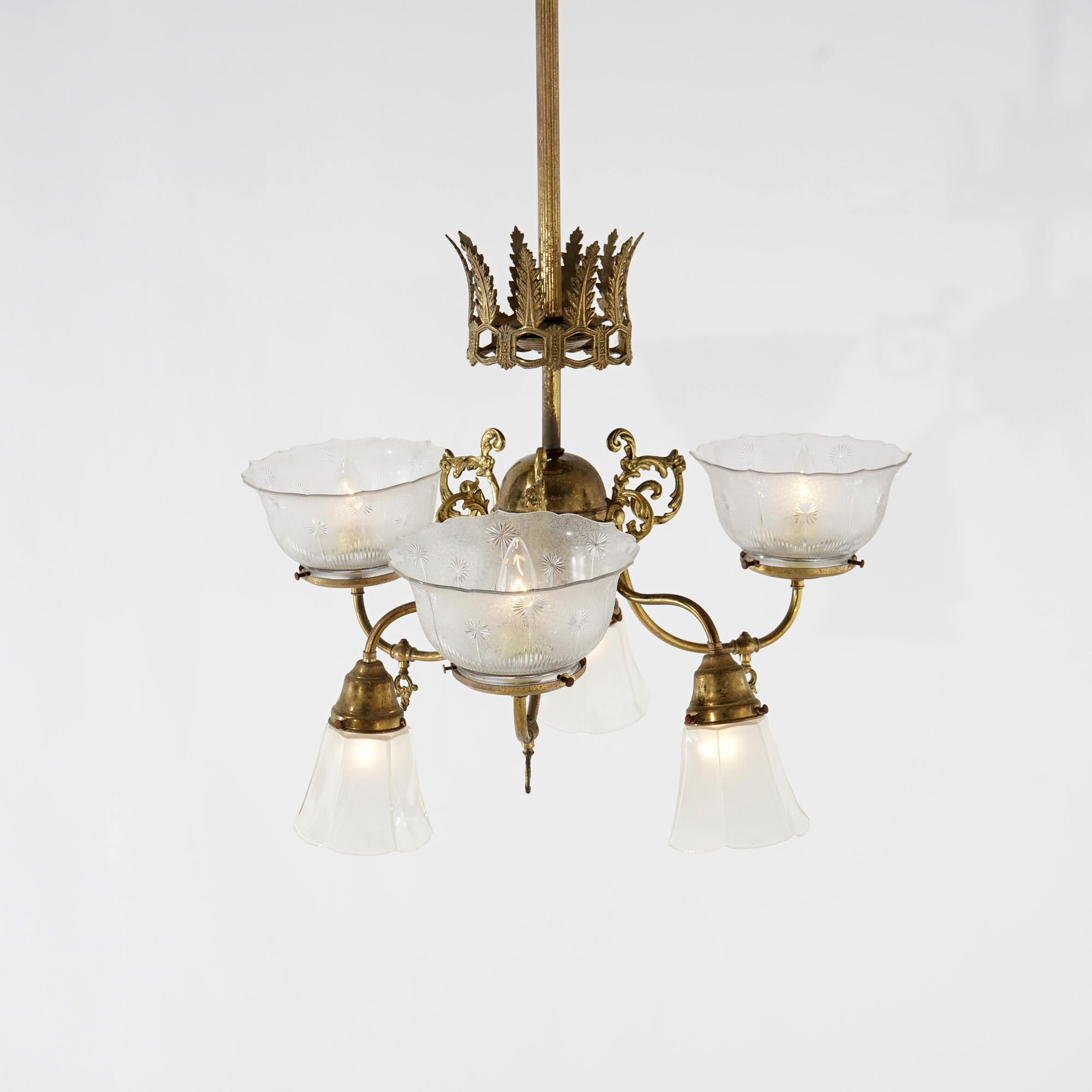 Antique Victorian Gas and Electric Up & Down Brass  Six-Light Chandelier c1910 In Good Condition In Big Flats, NY