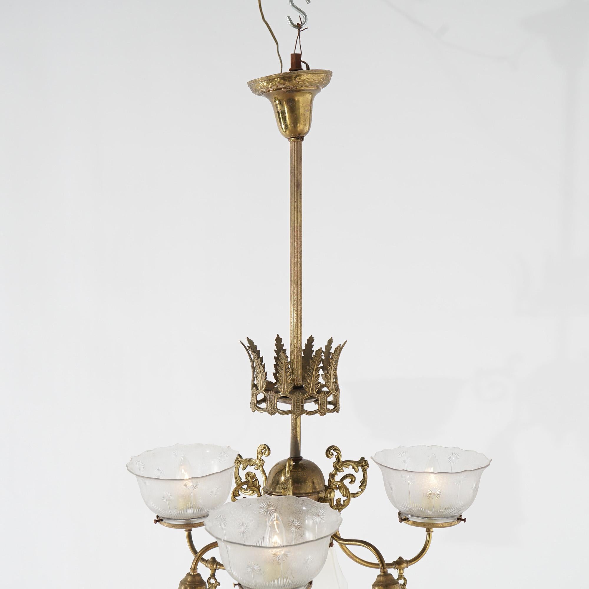 20th Century Antique Victorian Gas and Electric Up & Down Brass  Six-Light Chandelier c1910