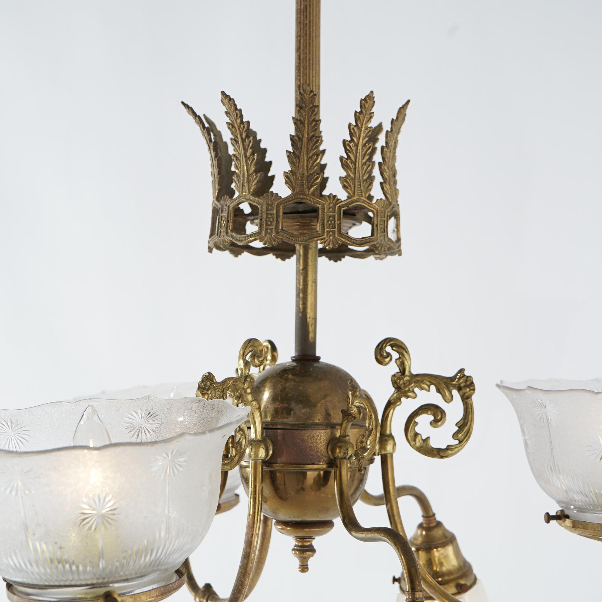 Antique Victorian Gas and Electric Up & Down Brass  Six-Light Chandelier c1910 1