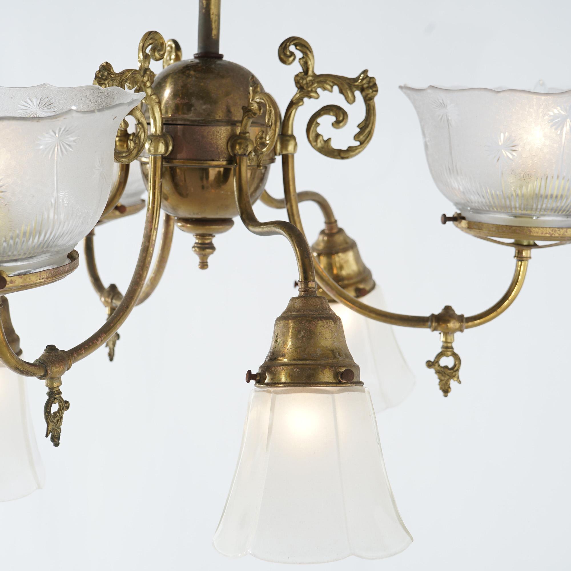 Antique Victorian Gas and Electric Up & Down Brass  Six-Light Chandelier c1910 4
