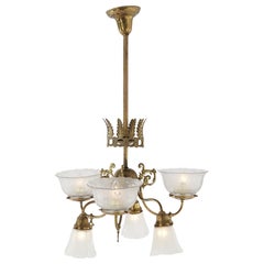 Antique Victorian Gas and Electric Up & Down Brass  Six-Light Chandelier c1910