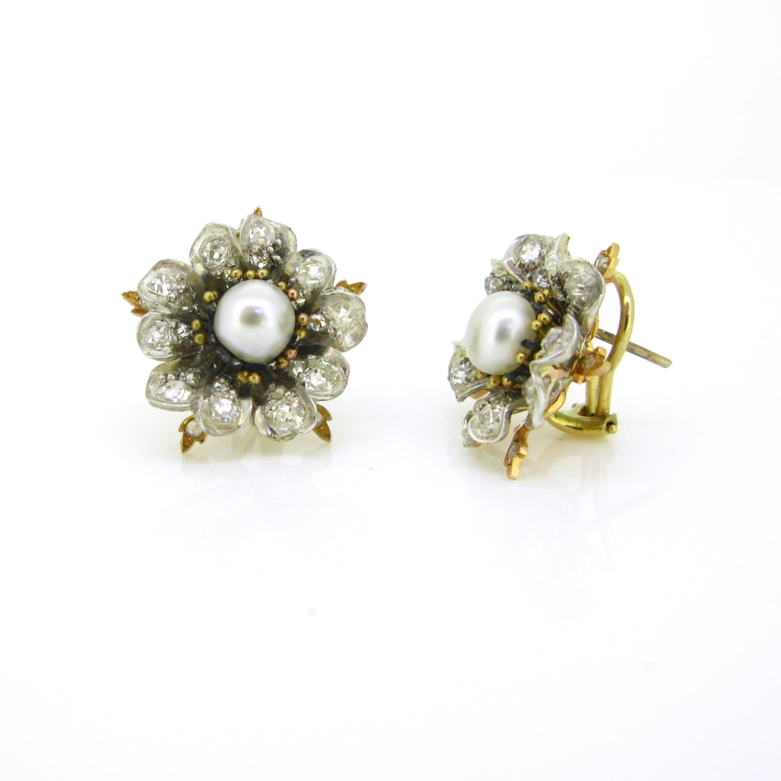 Late Victorian Antique Victorian GCS Report Natural Pearls and Old Cut Diamonds Flower Earrings
