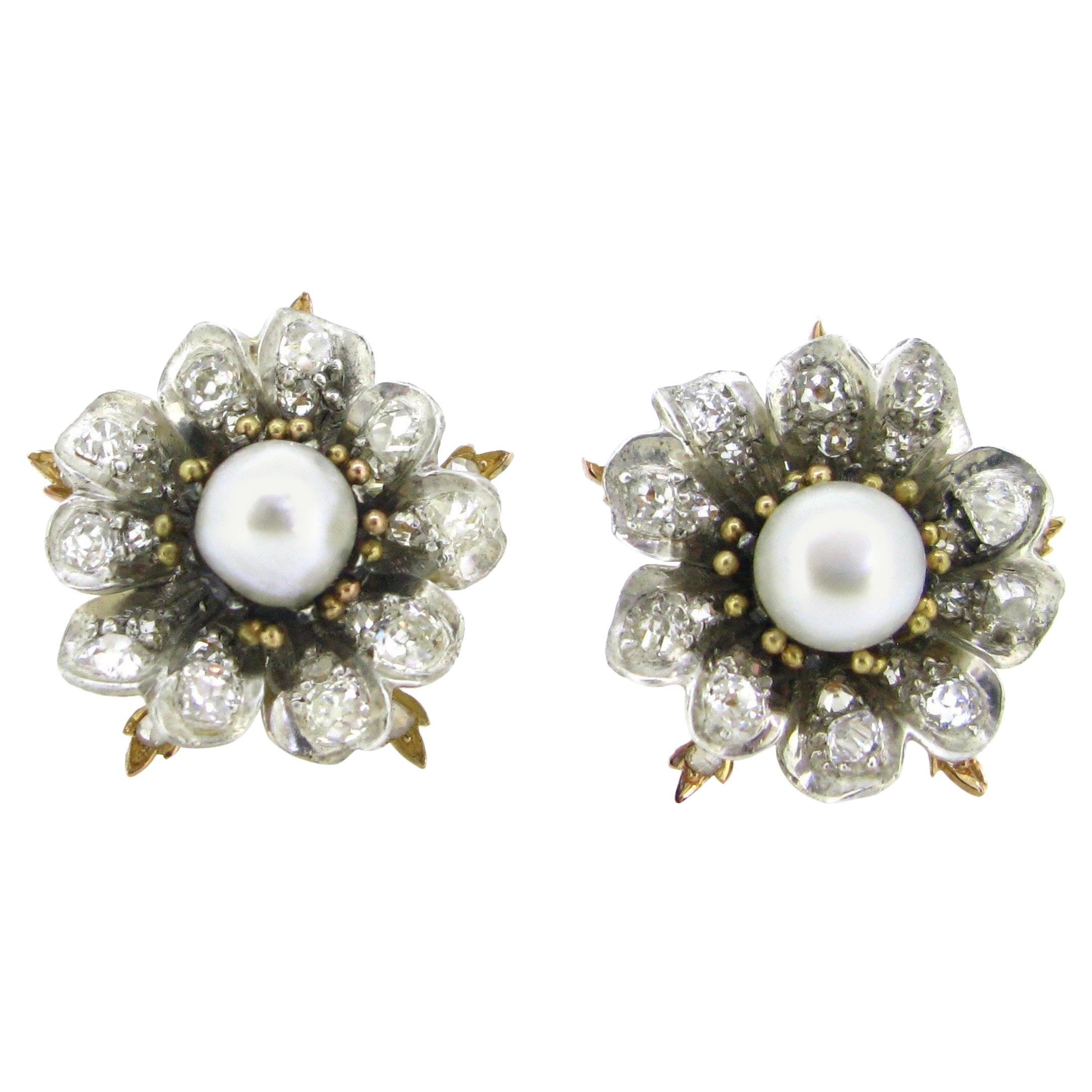 Antique Victorian GCS Report Natural Pearls and Old Cut Diamonds Flower Earrings