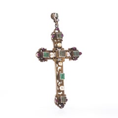 Antique Victorian Gem-Set Cross Pendant in Silver and Silver Gilt, C.1890