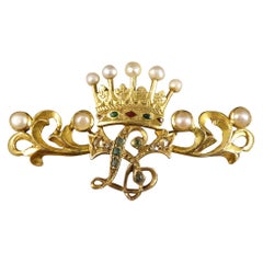 Antique Victorian Gem Set Initialled Crown Brooch in 15 Carat Yellow Gold