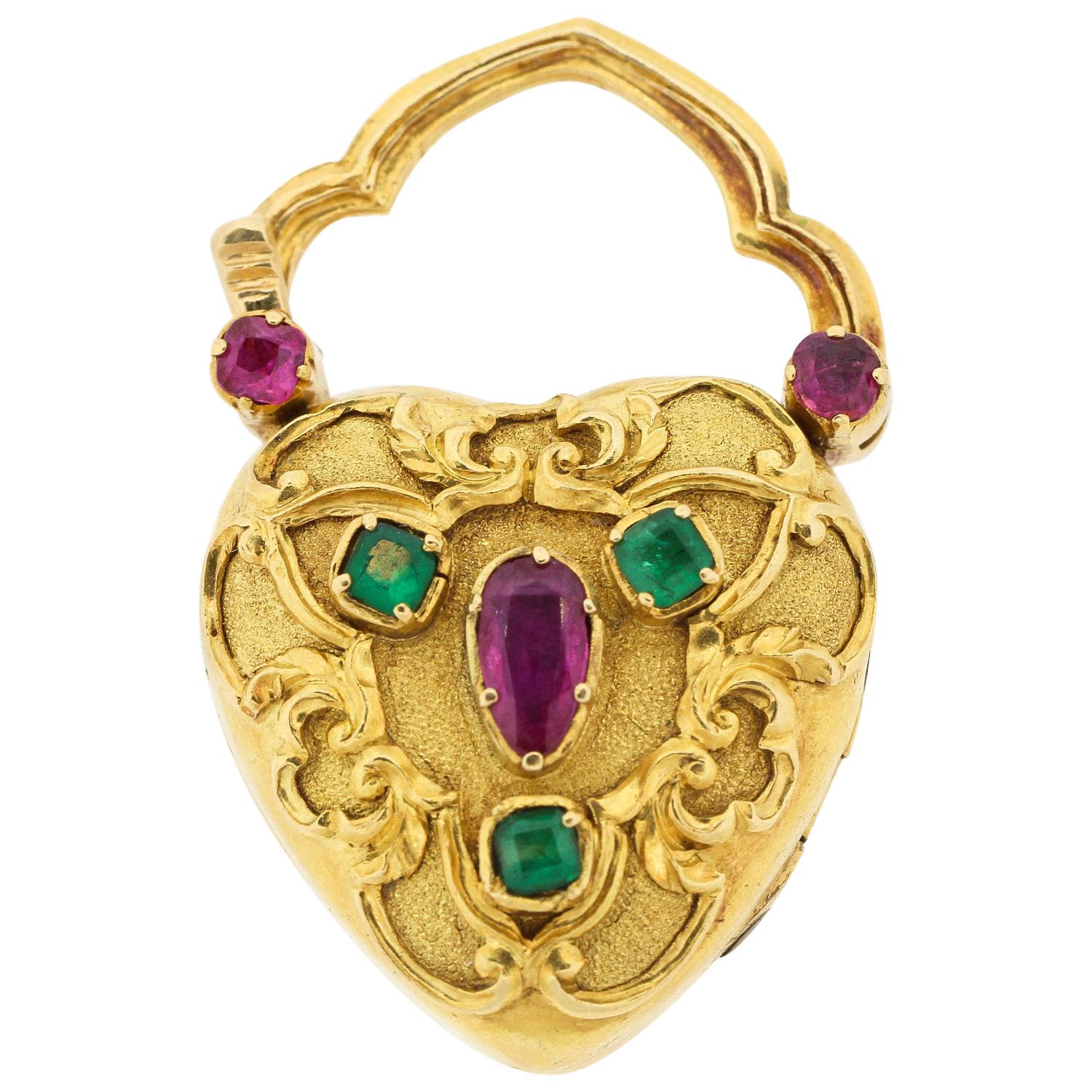 Antique Victorian Gemset Repousse Heart Padlock Locket