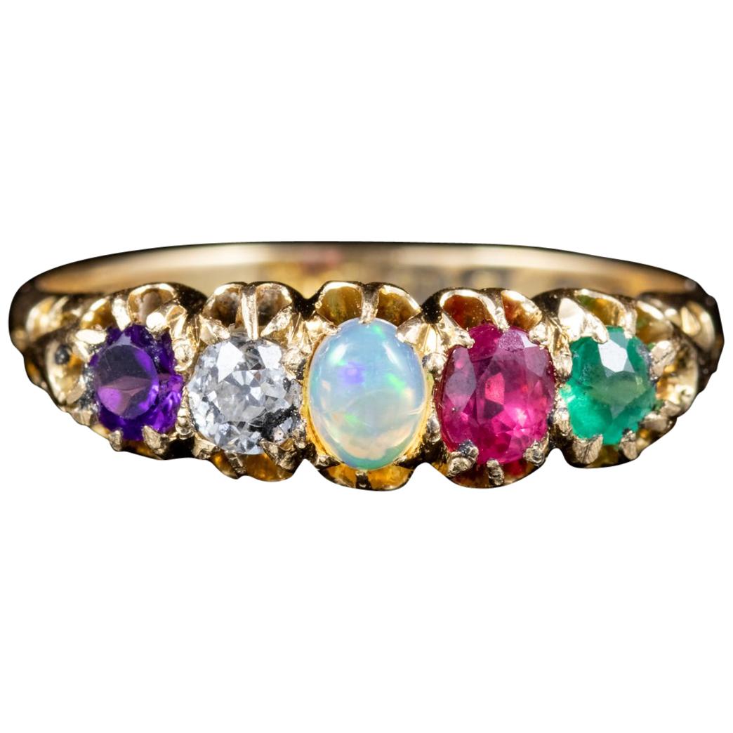 Antique Victorian Gemstone Adore Ring 18 Carat Gold Dated, 1908