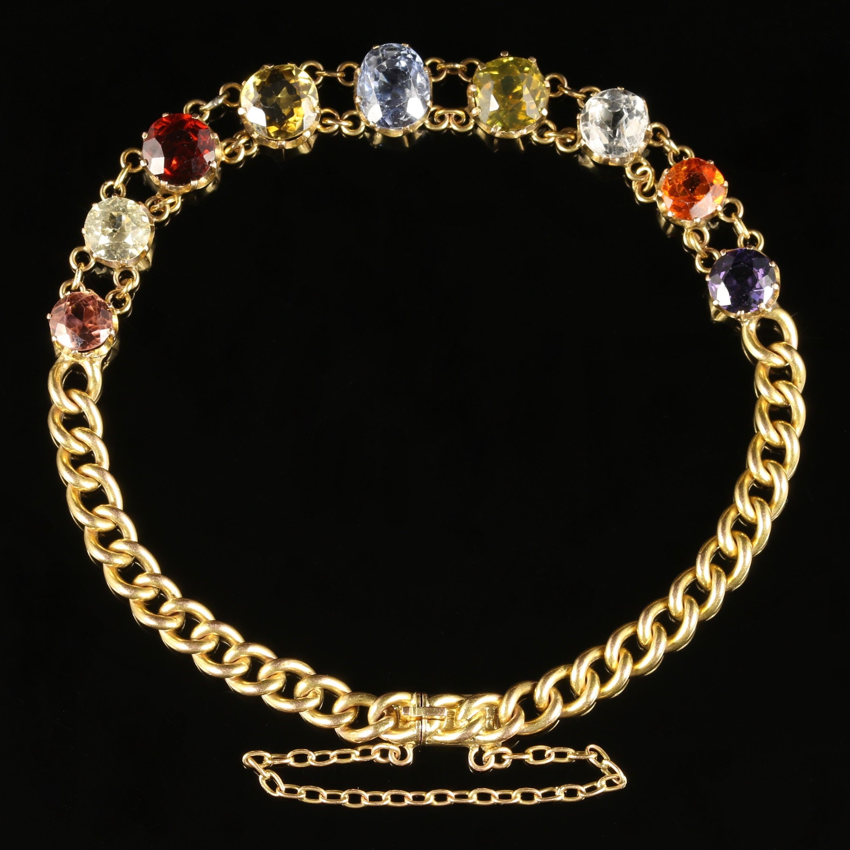 For more details please click continue reading down below...

This fabulous antique Victorian 15ct Yellow Gold bracelet is set with over 50ct of Gemstones from the Victorian Era.

Circa 1890.

The stones are set into a beautiful Gold curb link