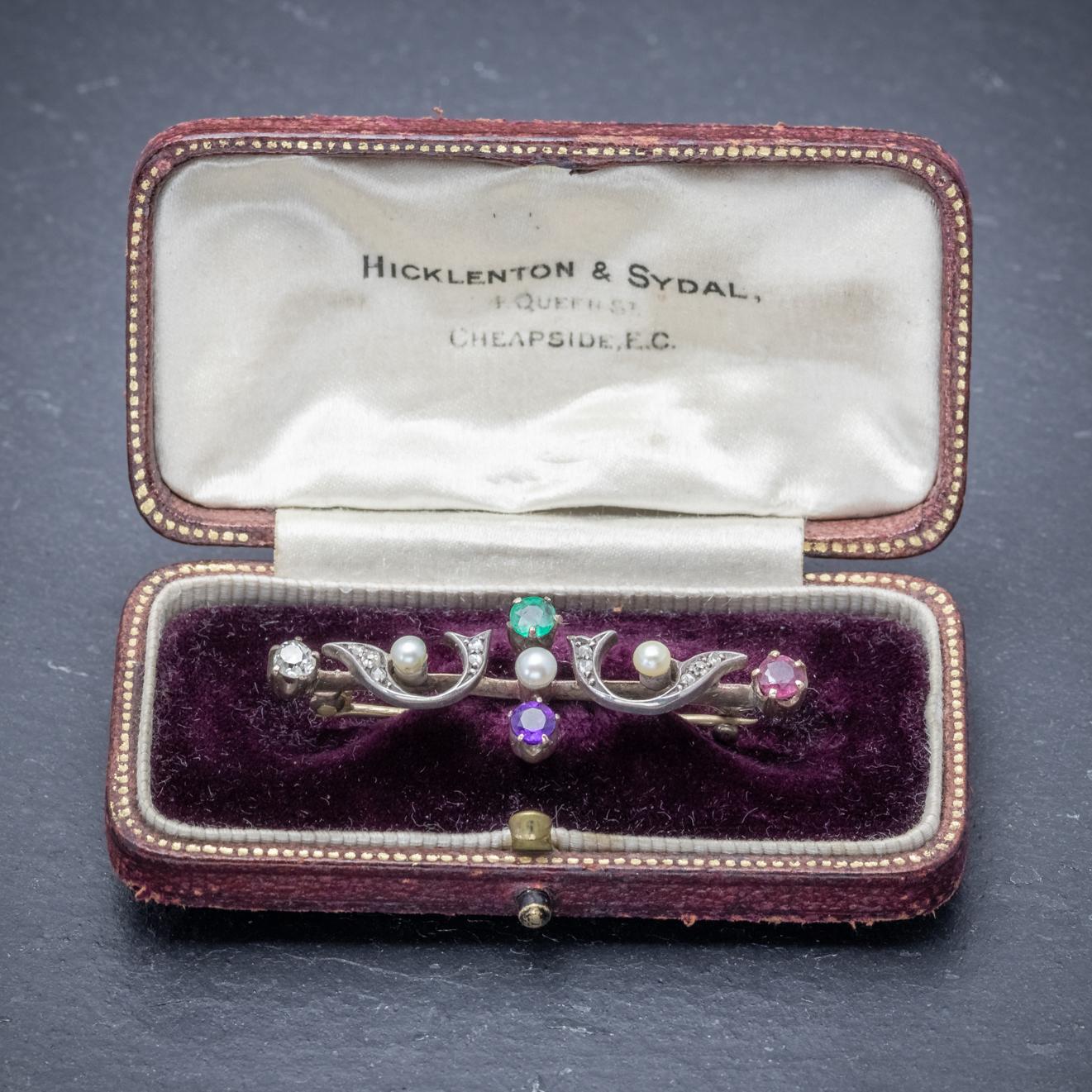 Antique Victorian Gemstone Dearest 18 Carat Gold circa 1900 Boxed Brooch For Sale 3