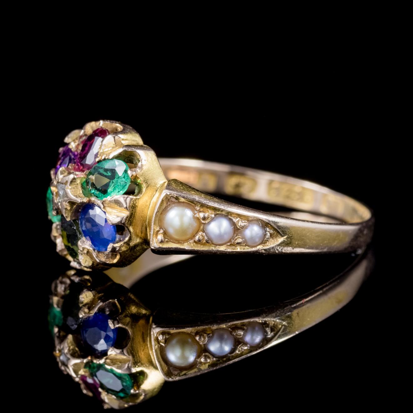 This beautiful antique Victorian Gemstone Dearest ring is fully hallmarked and dated Birmingham 1874.

The gemstones in the gallery spell out the word ‘Dearest’ with each first letter of the stone – Diamond - Emerald - Amethyst – Ruby – Emerald –