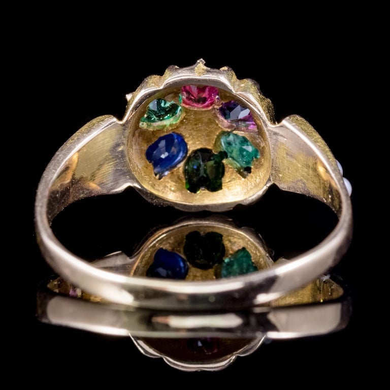 Antique Victorian Gemstone Dearest Ring 15 Carat Gold, Dated 1874 at