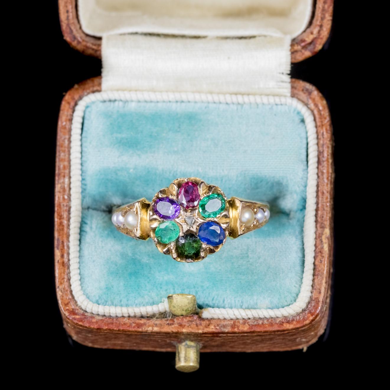 Antique Victorian Gemstone Dearest Ring 15 Carat Gold, Dated 1874 In Good Condition In Lancaster, Lancashire