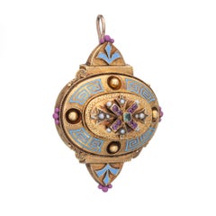 Antique Victorian Gemstone Pendant Enamel 14k Yellow Gold Etruscan Greek Key