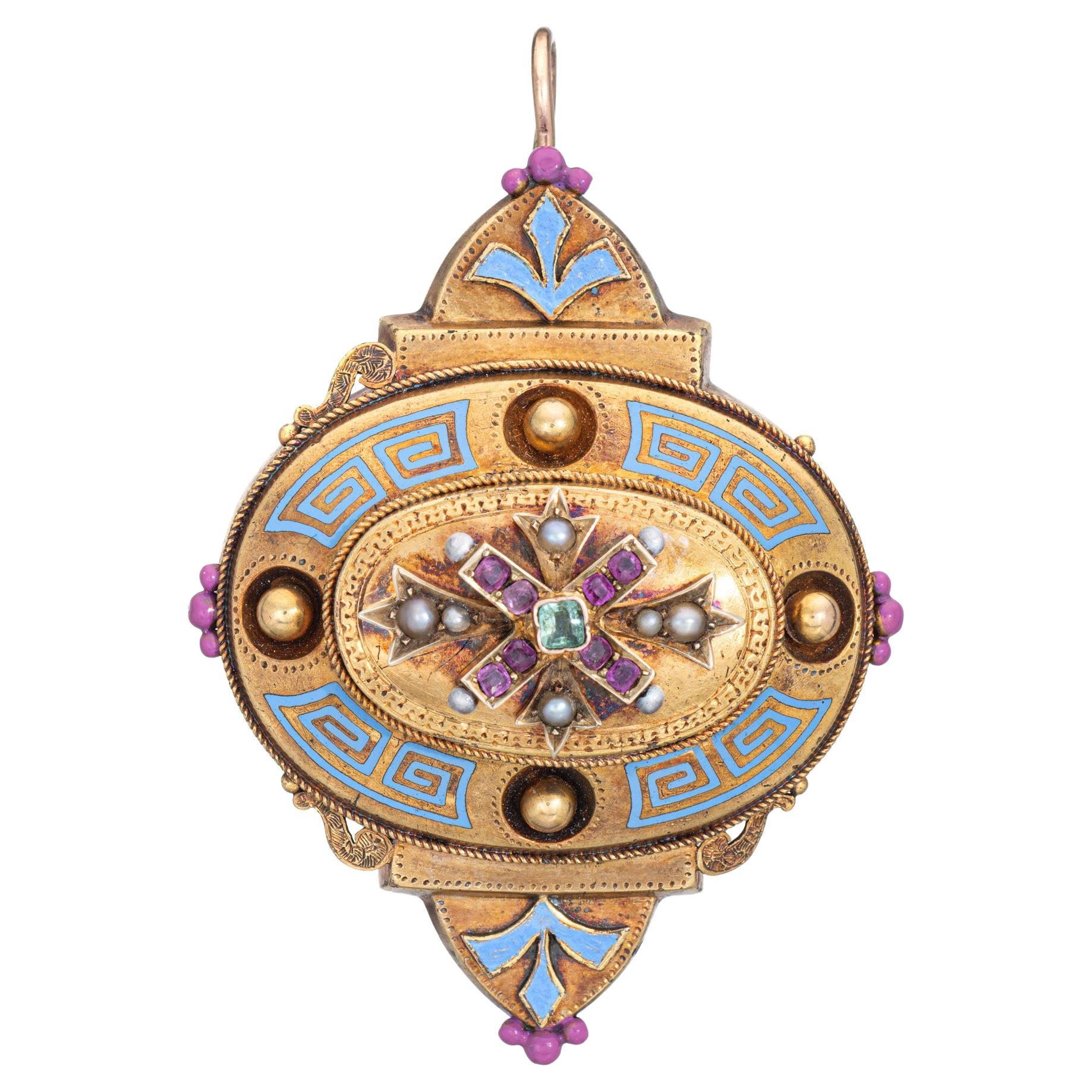 Antique Victorian Gemstone Pendant Enamel 14k Yellow Gold Etruscan Greek Key