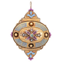 Antiker viktorianischer Edelstein-Anhänger Emaille 14k Gelbgold Etruskischer Griechischer Schlüssel