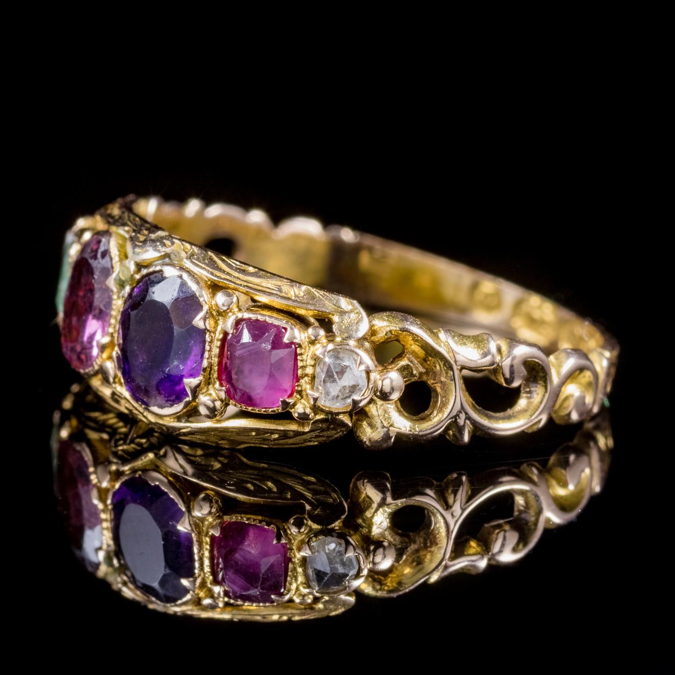 This beautiful antique Victorian Regard ring is fully hallmarked and dated Birmingham 1868. 

Set with six colourful gemstones in varying shapes and sizes that spell out the word ‘Regard’ with each first letter of the stone – Ruby – Emerald – Garnet